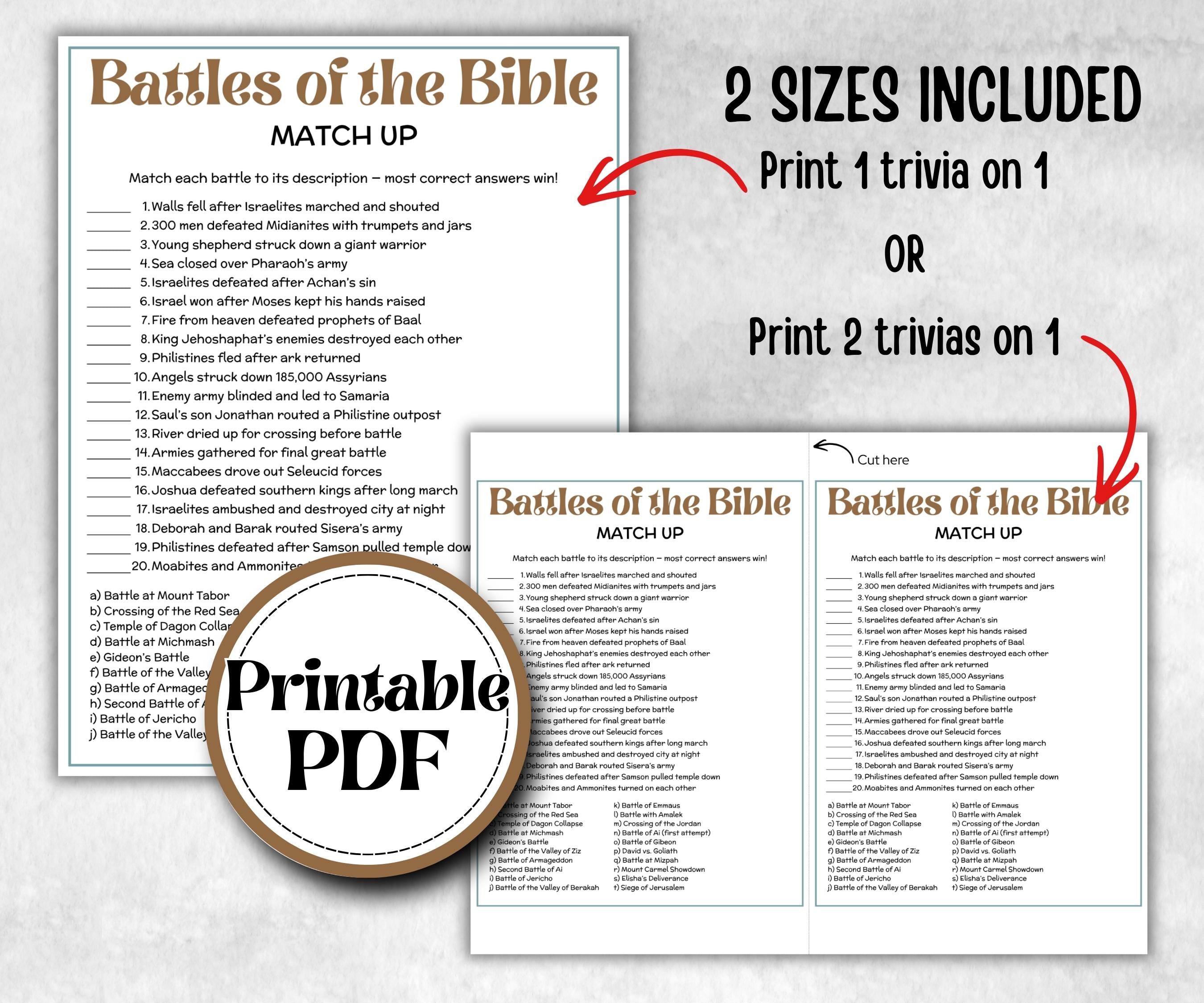 Battles of the Bible Trivia, Sunday School, Bible Study riddles, Holiday Party Games, Bible Camp, womens retreat group, preschool curriculum