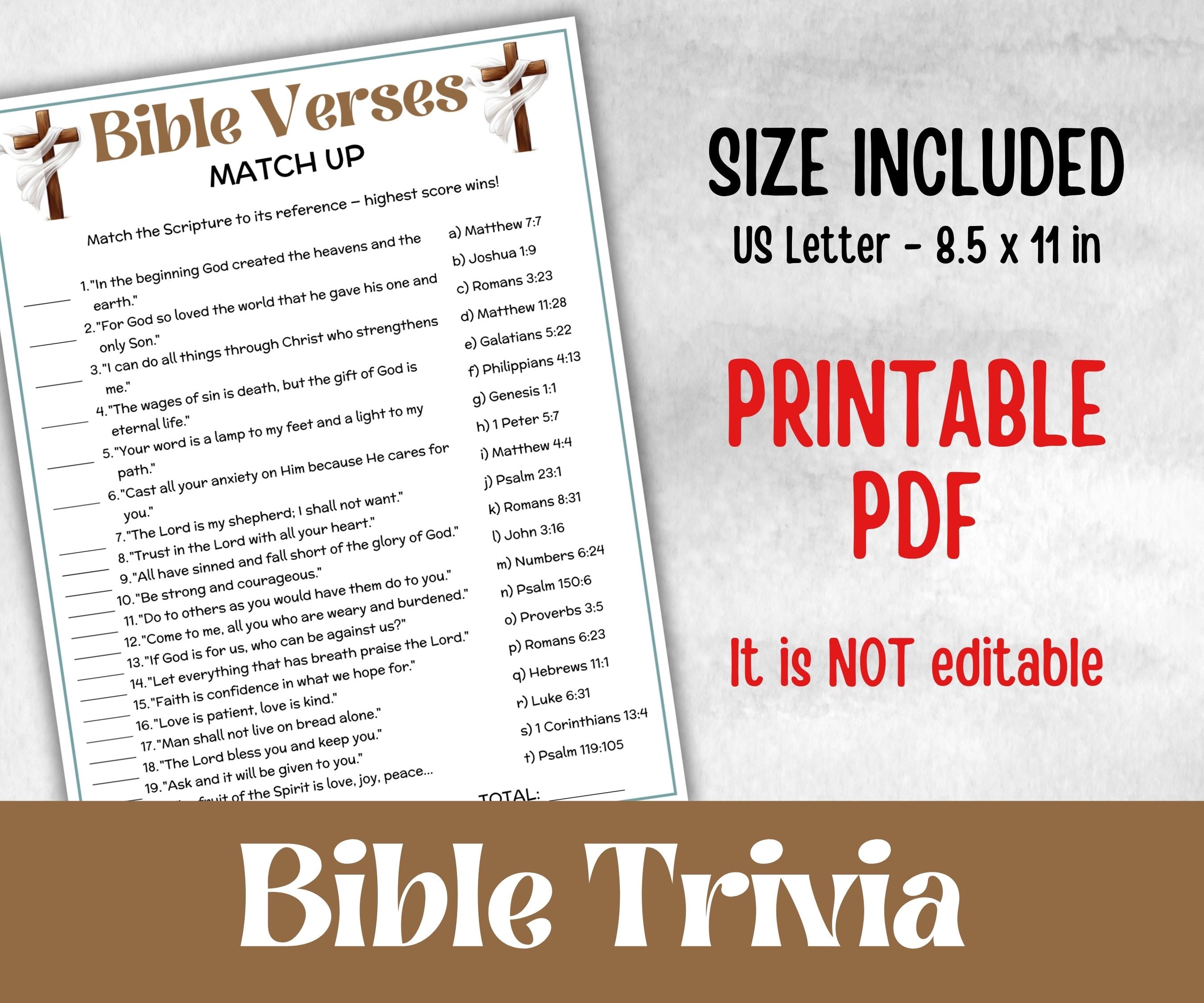 Bible Verses Trivia, Sunday School, Bible Study riddles, Holiday Party Games, Bible Camp, womens retreat group, preschool church curriculum