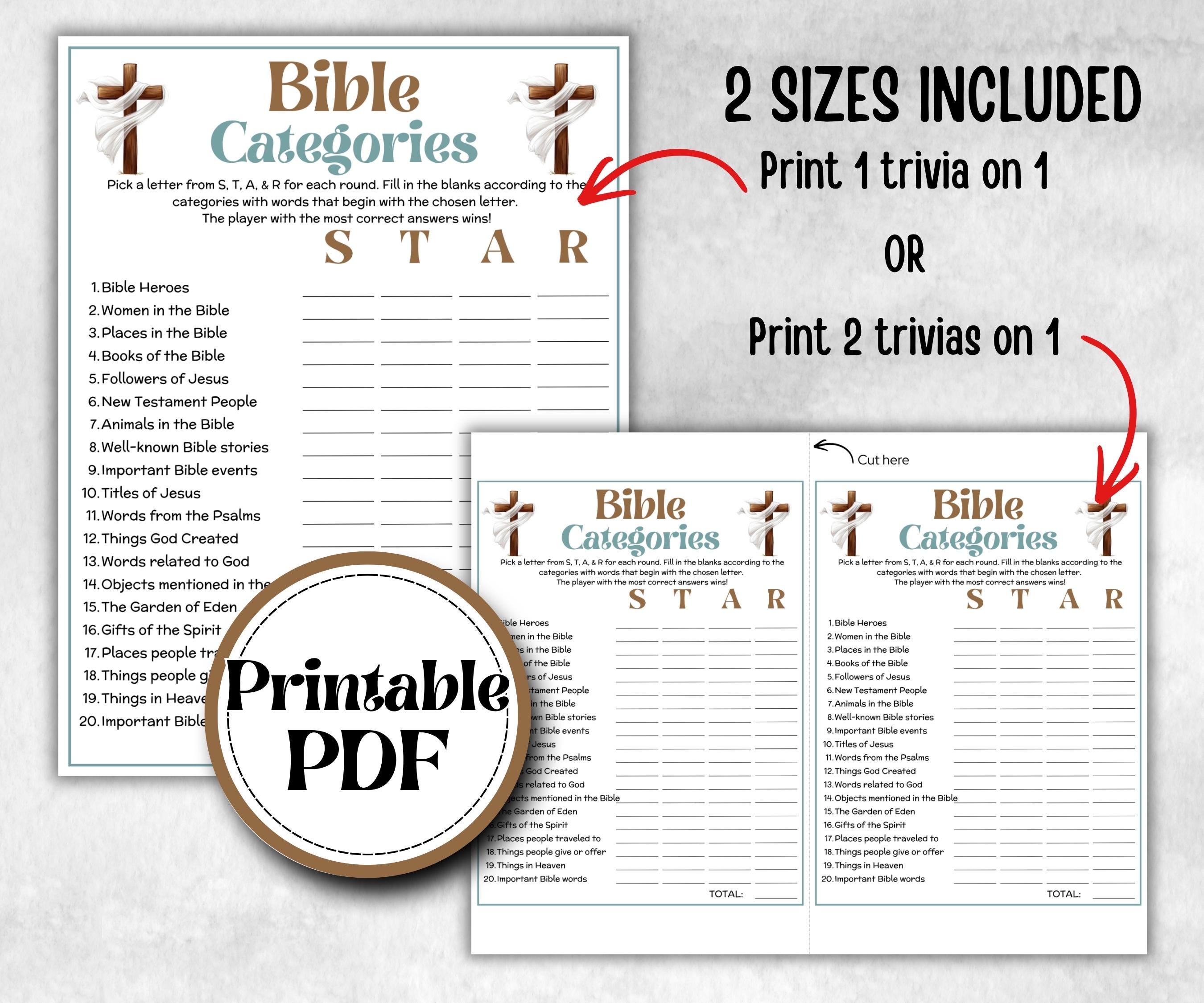 Bible Categories Trivia, Sunday School, Bible Study riddles, Holiday Party Games, Bible Camp, womens retreat group, think fast, preschool