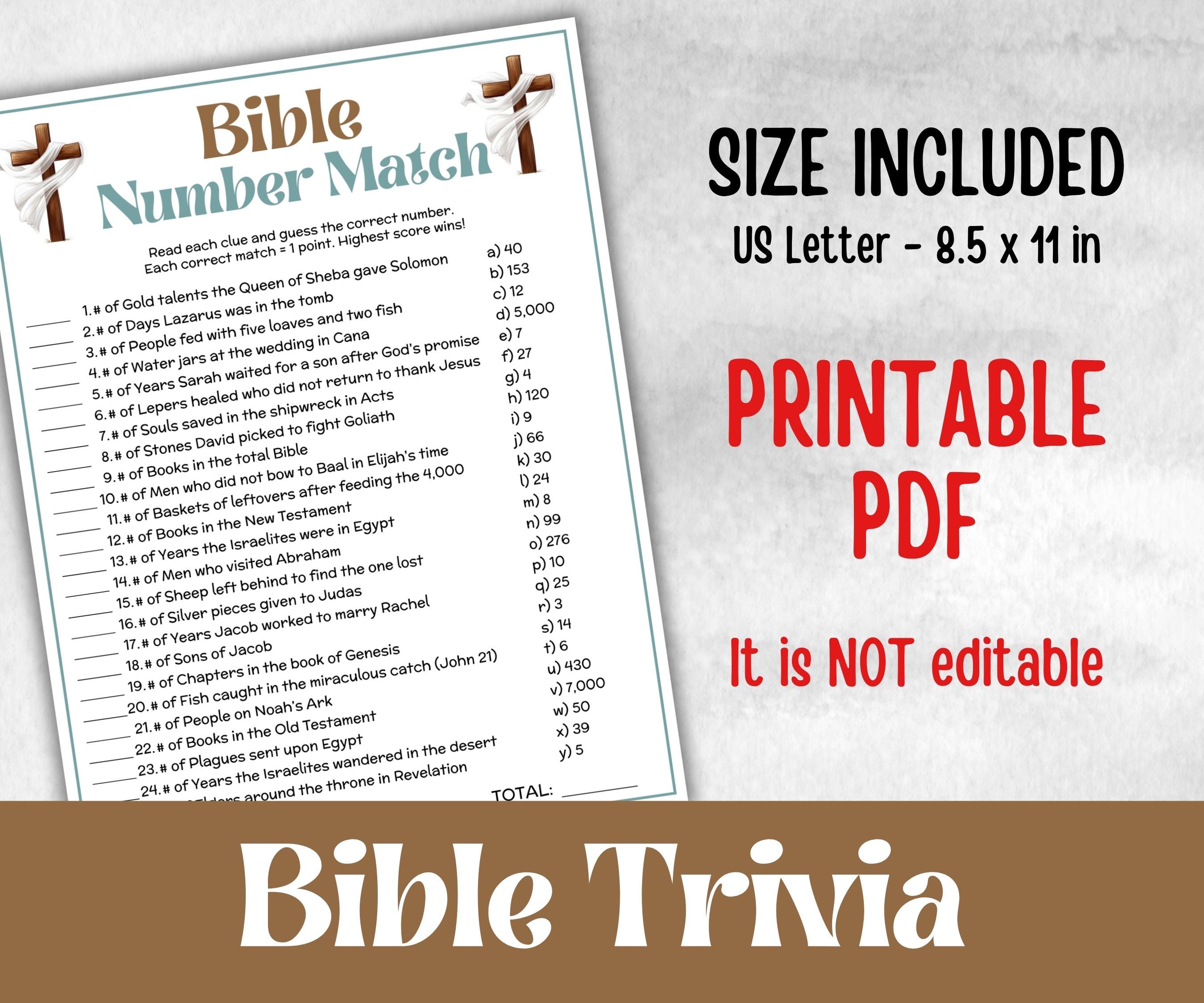 Bible Number Match Trivia, Sunday School, Bible Study riddles, Holiday Party Games, Bible Camp, womens retreat group, preschool curriculum