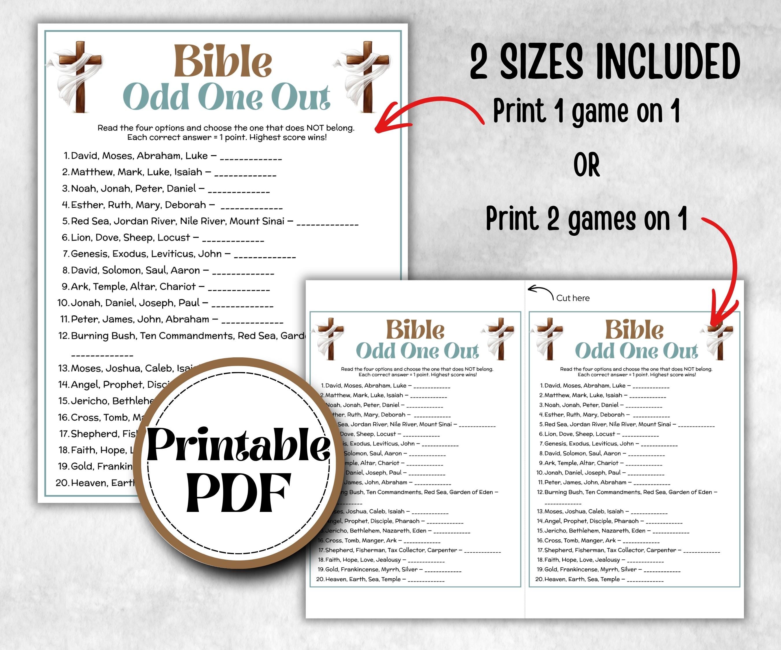 Bible Find the Odd One Out Trivia, Sunday School, Bible Study riddles, Holiday Party, Bible Camp, womens retreat group, Bible characters