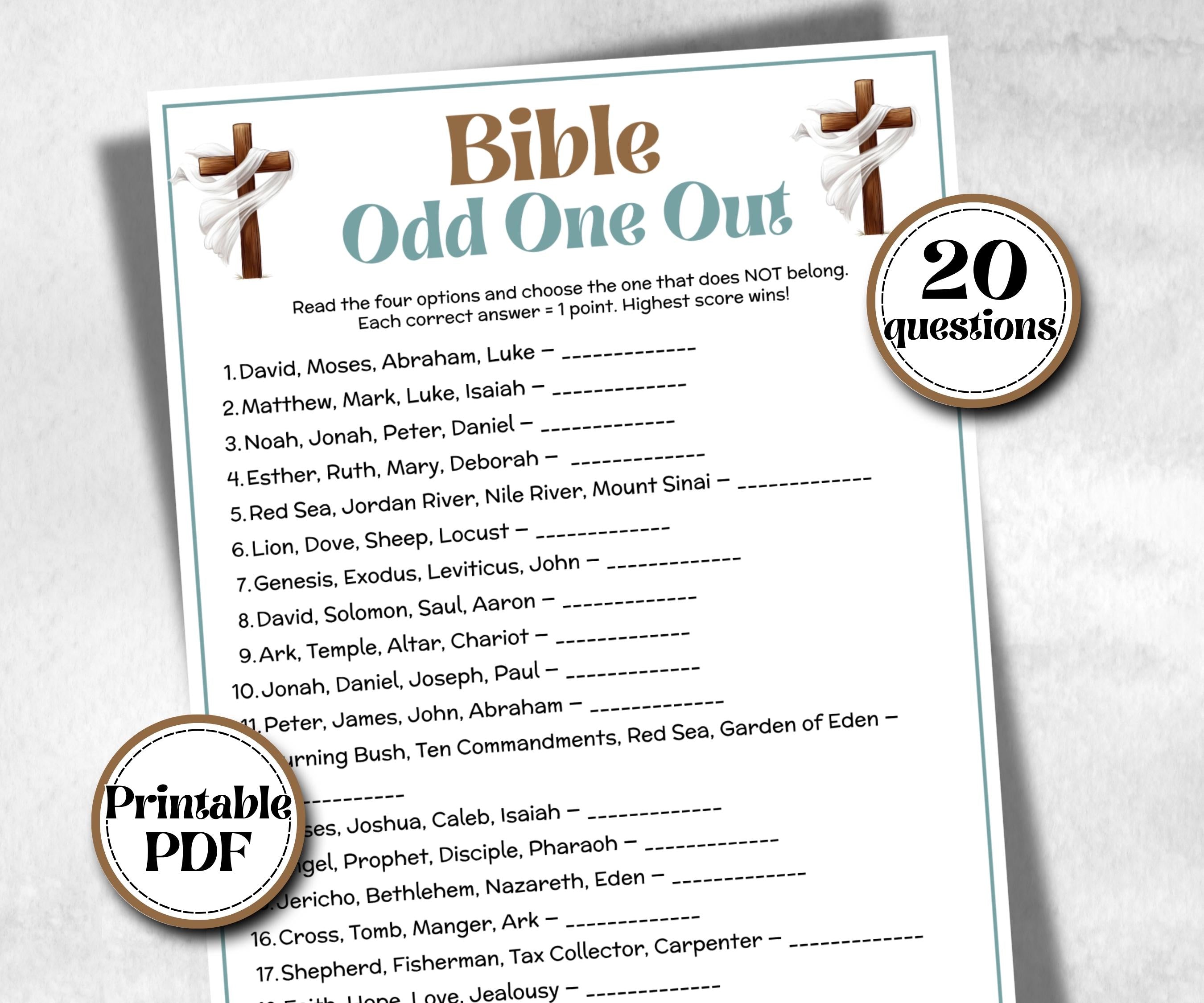 Bible Find the Odd One Out Trivia, Sunday School, Bible Study riddles, Holiday Party, Bible Camp, womens retreat group, Bible characters