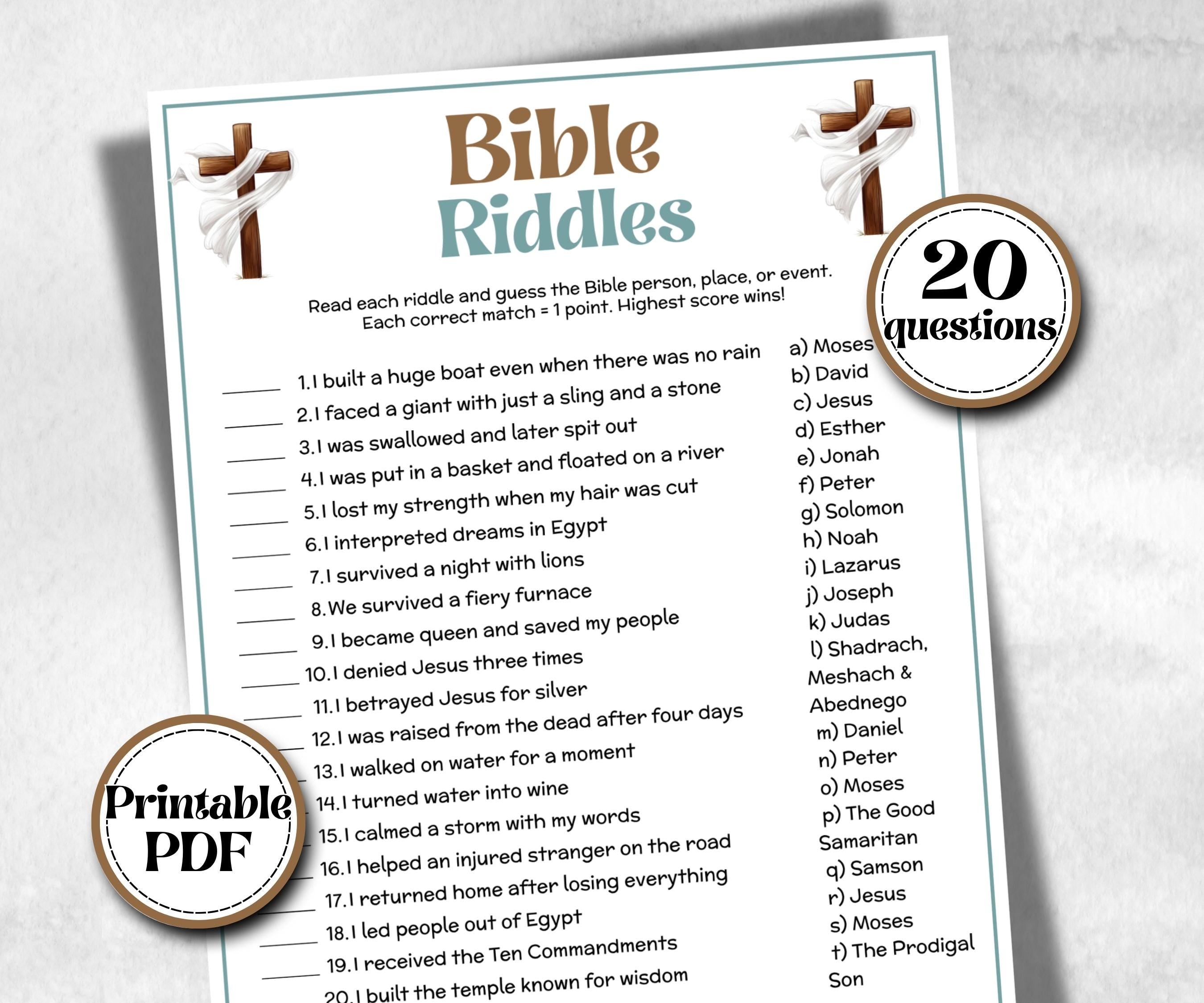 Bible Riddles Trivia, Sunday School, Bible Study riddles, Holiday Party, Bible Camp, womens retreat group, preschool curriculum