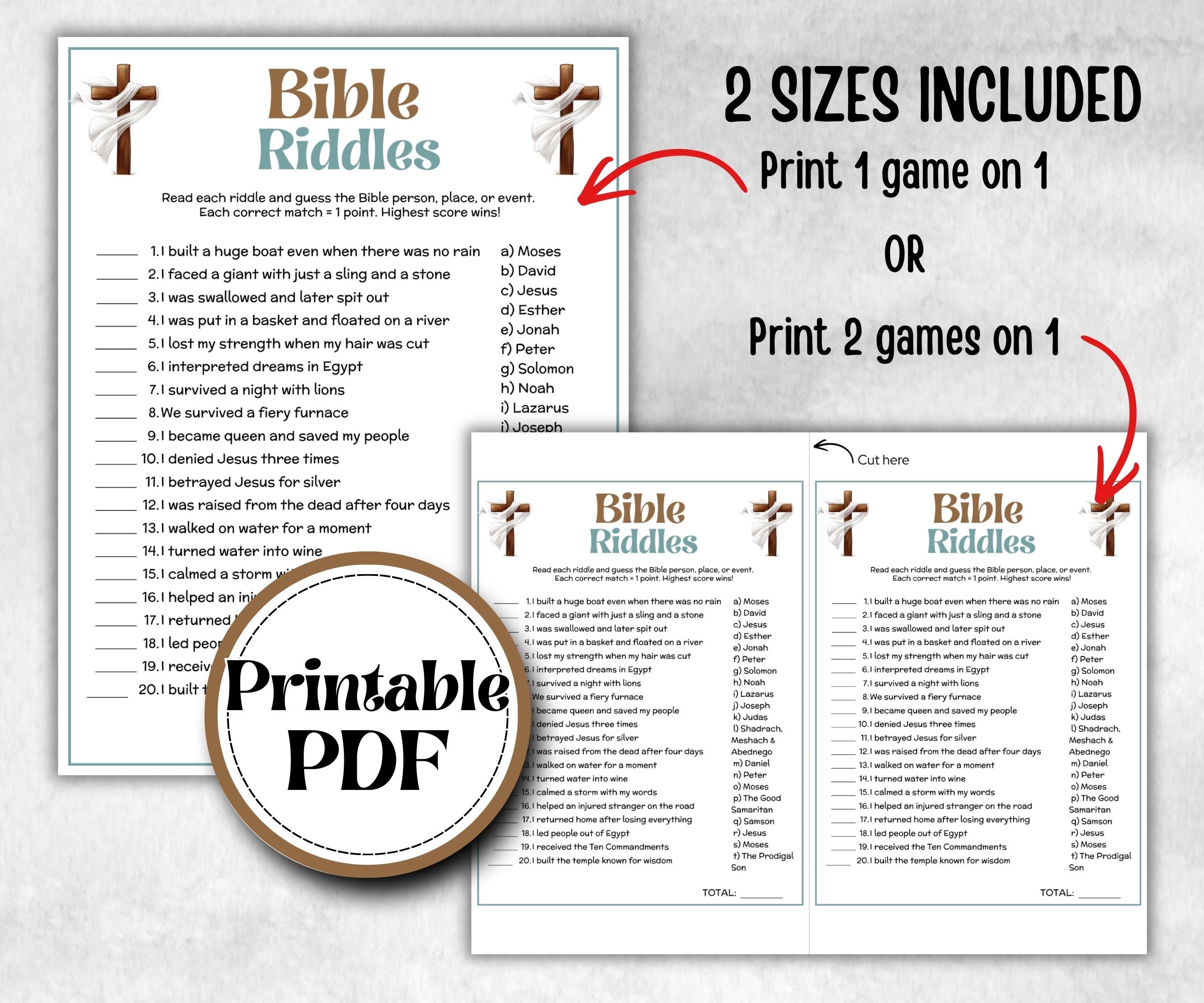 Bible Riddles Trivia, Sunday School, Bible Study riddles, Holiday Party, Bible Camp, womens retreat group, preschool curriculum