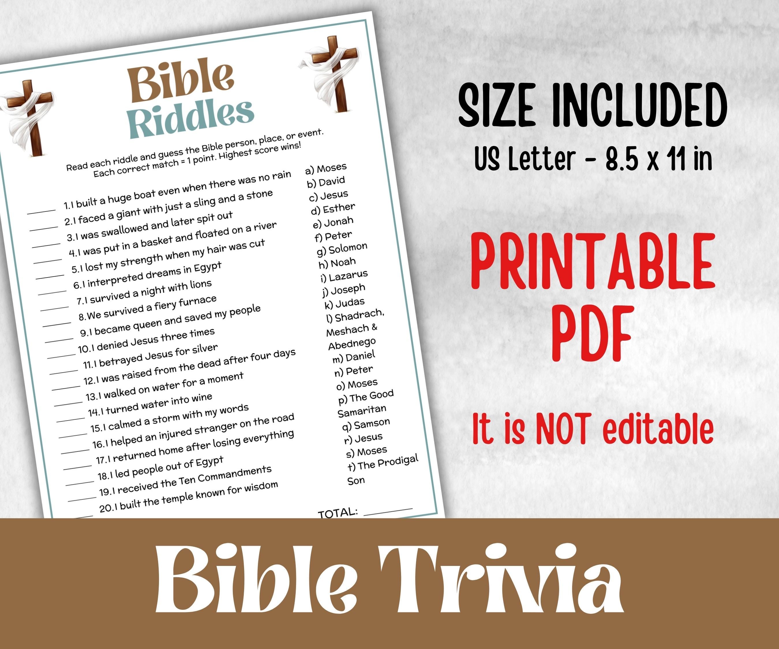 Bible Riddles Trivia, Sunday School, Bible Study riddles, Holiday Party, Bible Camp, womens retreat group, preschool curriculum