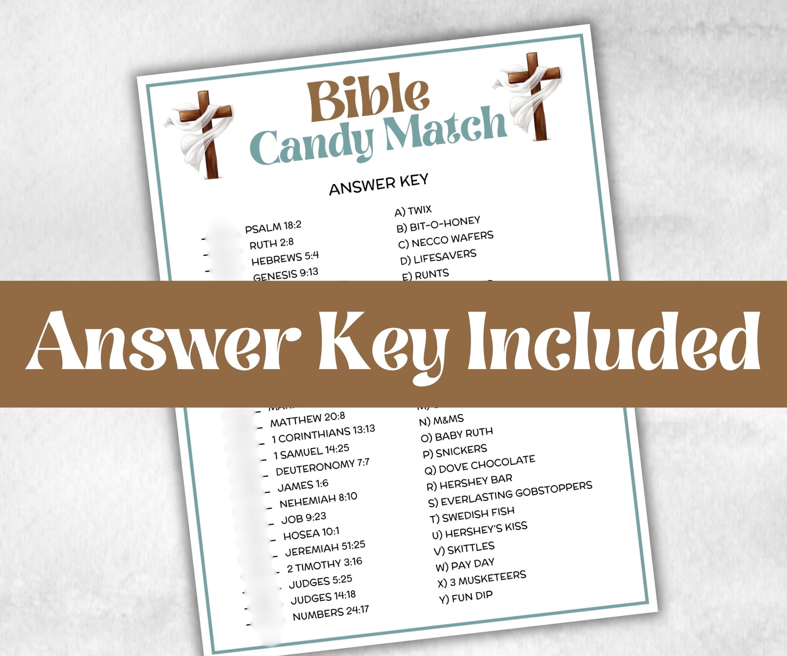 Bible Candy Match Trivia, Bible Study riddles, Holiday Bible Camp, womens retreat group, New Testament, Old Testament, Preschool Curriculum