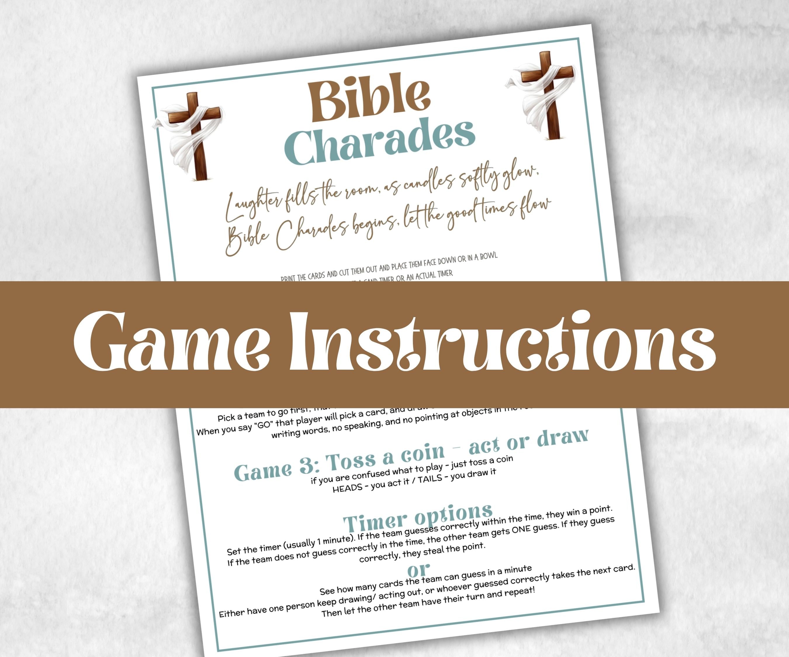 Bible charades, Bible Study riddles, Bible Camp, womens retreat group, New Testament, Old Testament, Group Game, Family Game Night, Senior