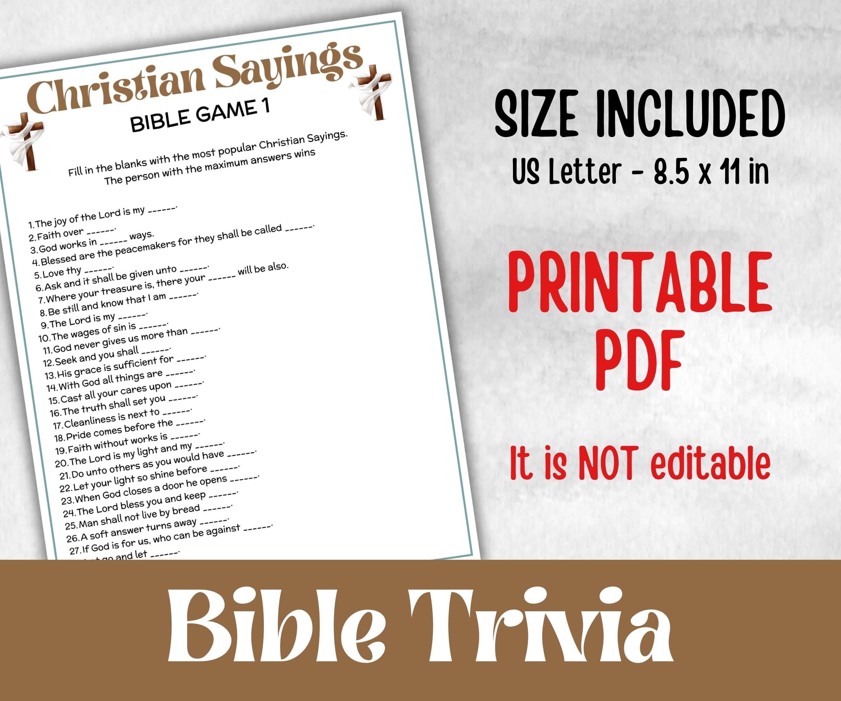 Christian Sayings Trivia, Bible Study riddles, Holiday Bible Camp, womens retreat group, New Testament, Old Testament, Preschool Curriculum