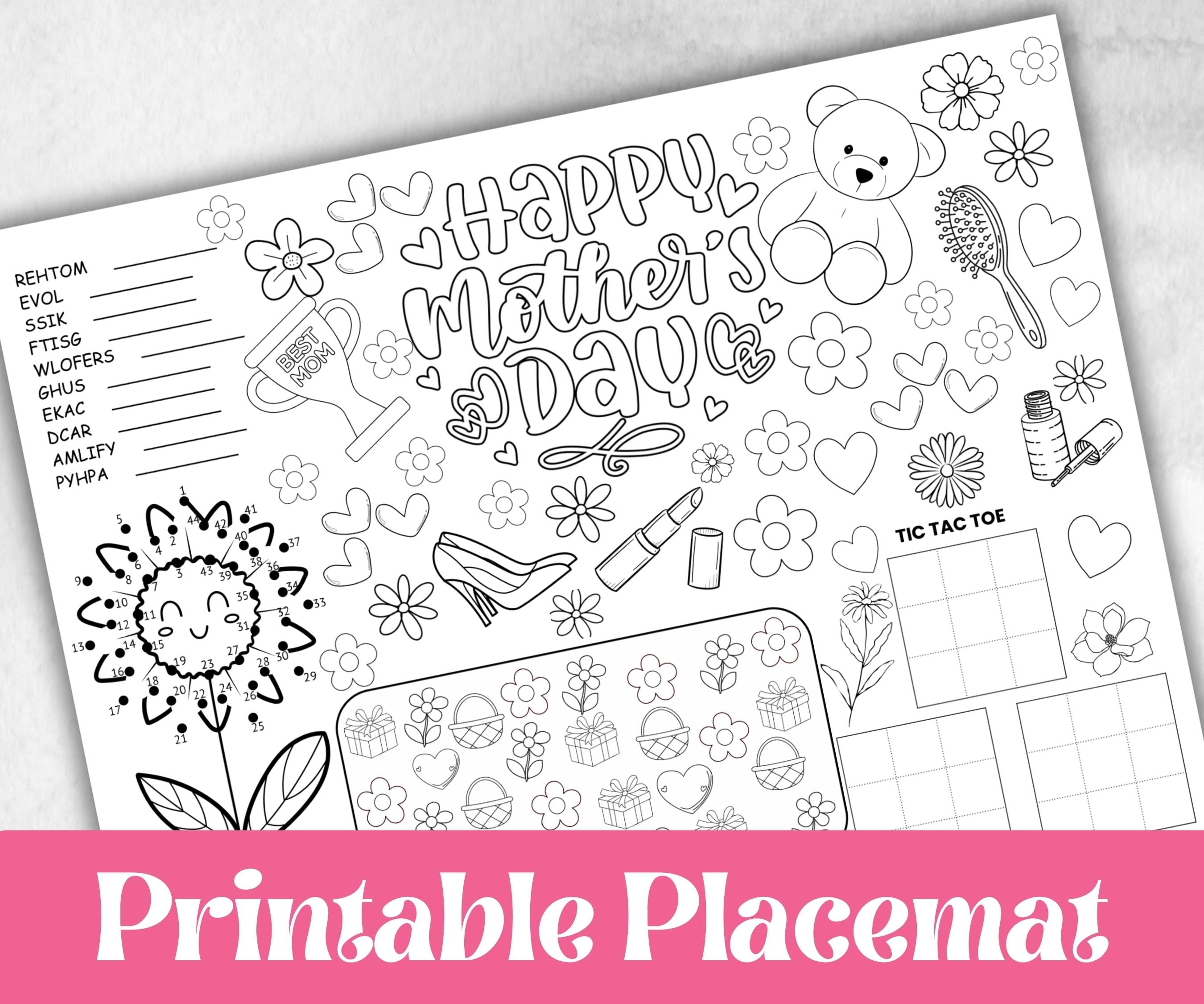 Mothers Day coloring Placemats, Daycare Printable, kids activity sheets, Mom Keepsake, Tea Party, Personalised Gift, Happy Mothers Day print