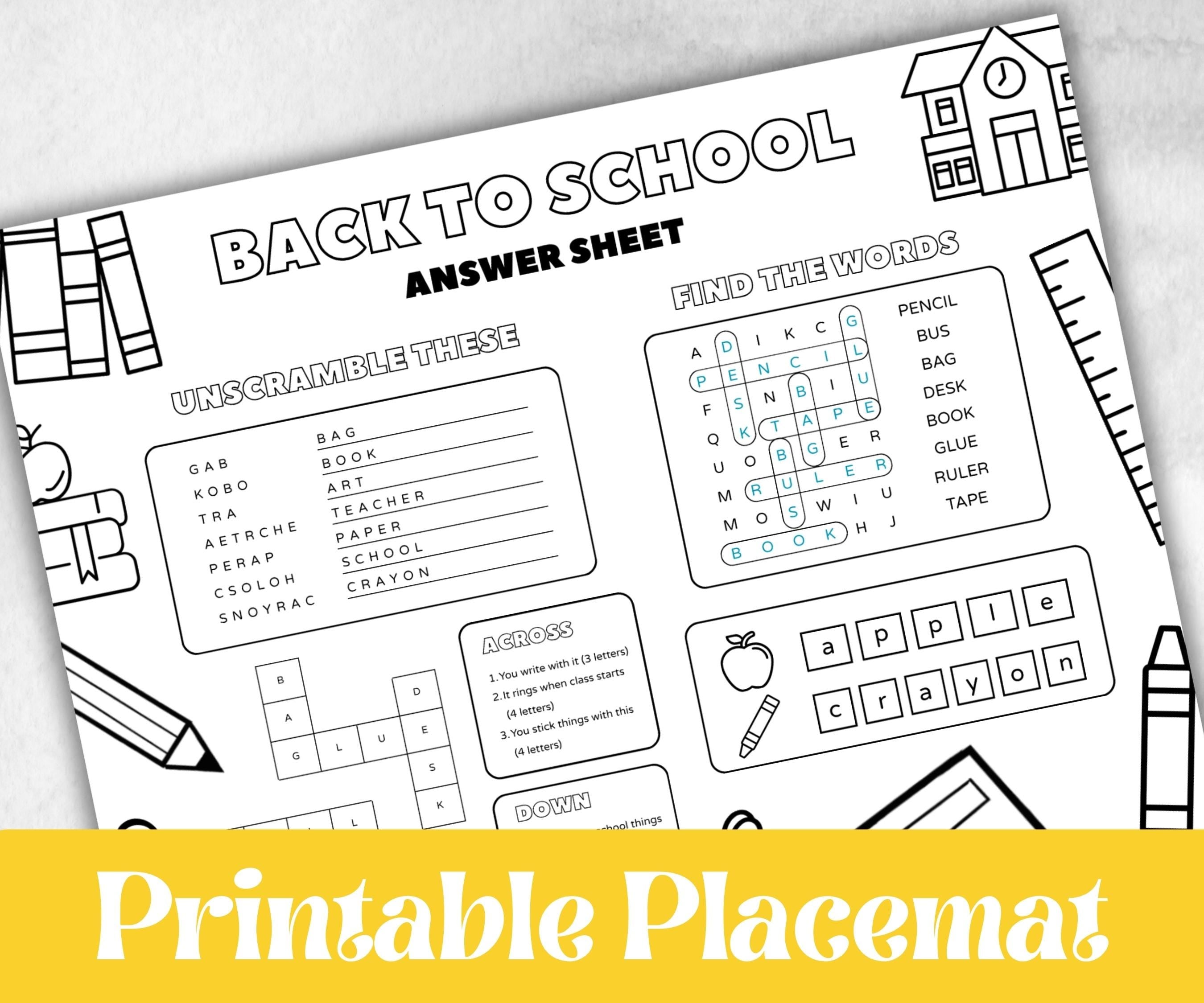 Back to School coloring Placemats, Daycare Printable, kids activity sheet, homeschool, educational Quiz, return to school, 1st day of school