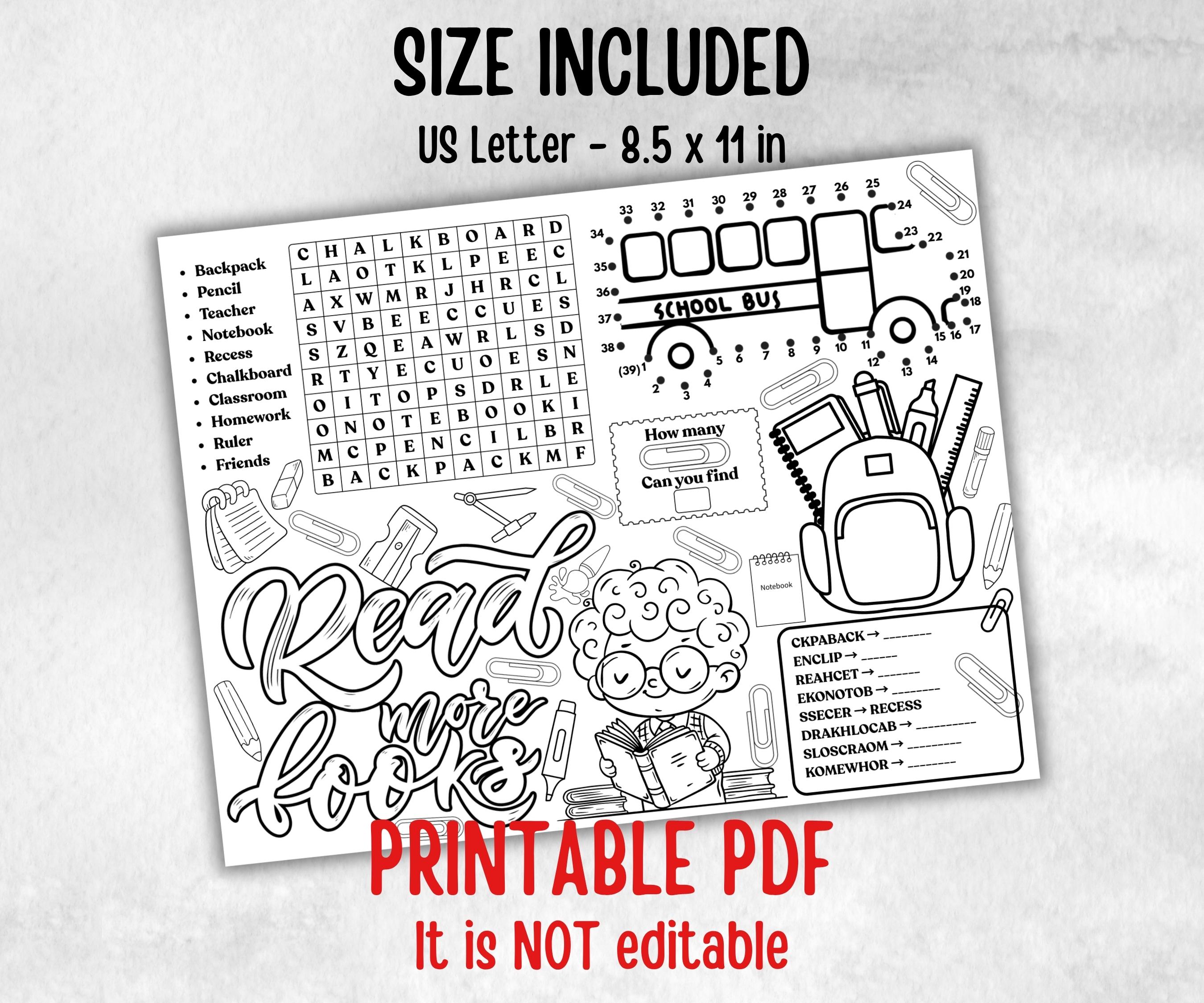 Back to School Placemats, Daycare coloring Printable, kids activity sheet, homeschool, educational Quiz, return to school, 1st day of school