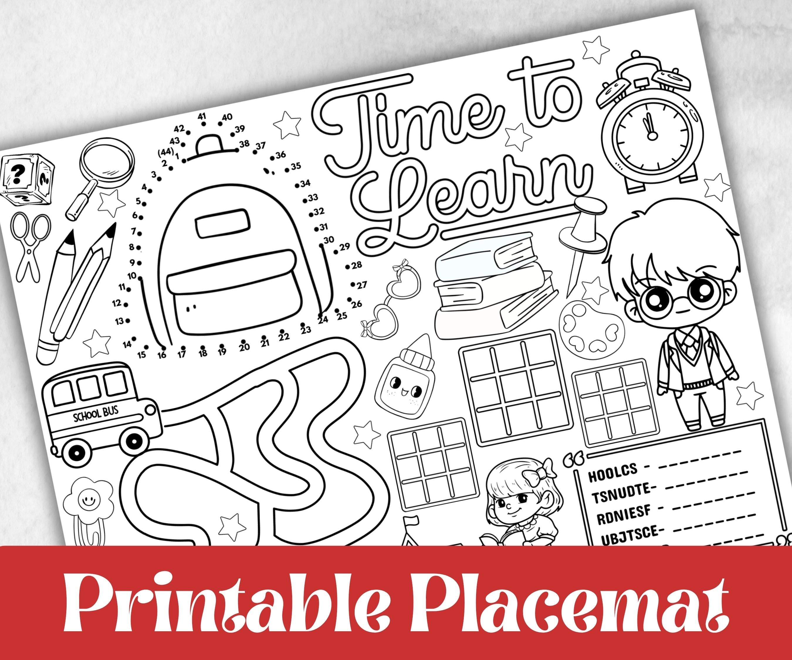 Back to School Placemats, Daycare coloring Printable, kids activity sheet, homeschool, educational Quiz, return to school, 1st day of school