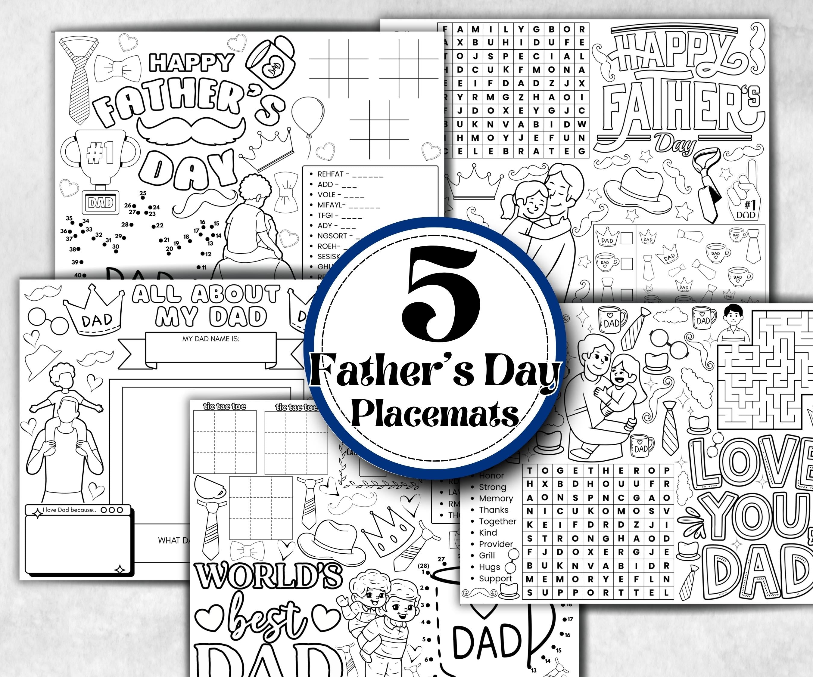 Fathers Day coloring Placemats, Daycare Printable, kids activity sheets, Keepsake, Personalised Gift, All about Dad, Daddy, Papa, Grandpa