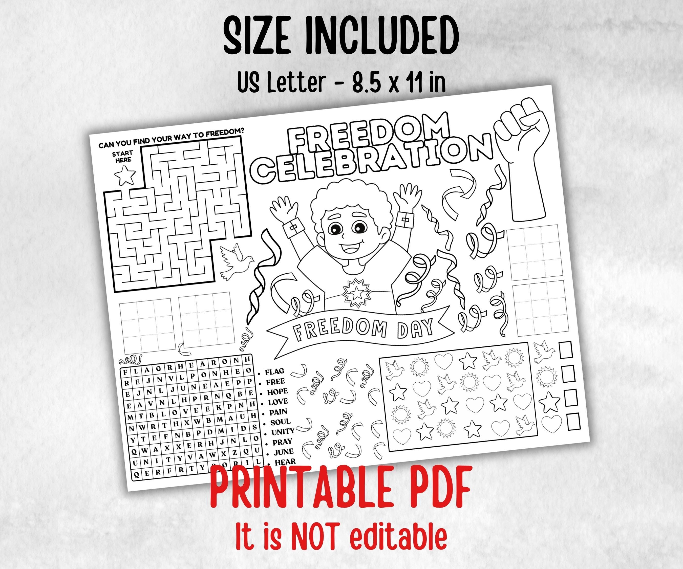 Juneteenth coloring Placemats, Printable kids activity sheets, Black History, American African, freedom day bundle, group games, celebration