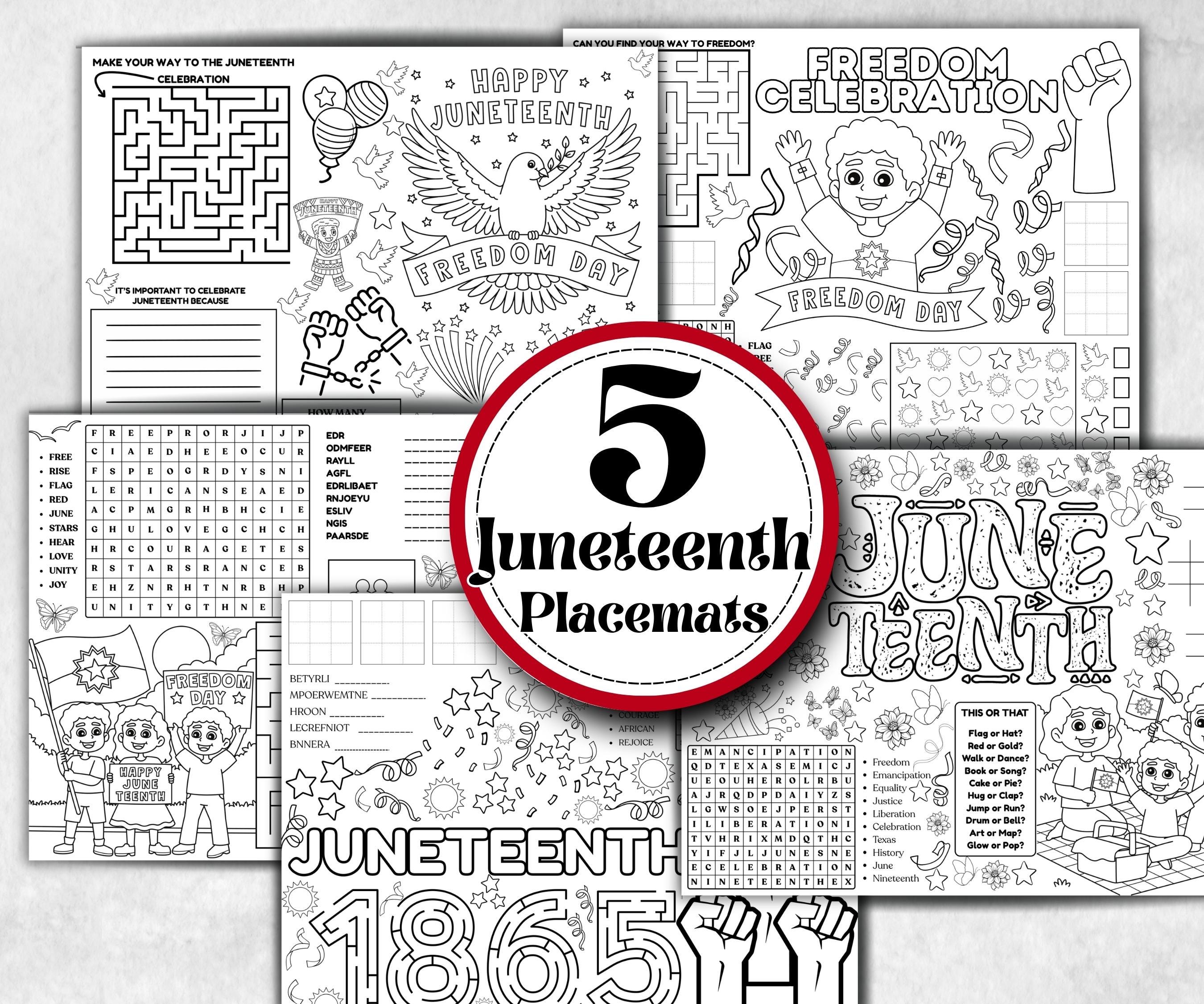 Juneteenth coloring Placemats, Printable kids activity sheets, Black History, American African, freedom day bundle, group games, celebration