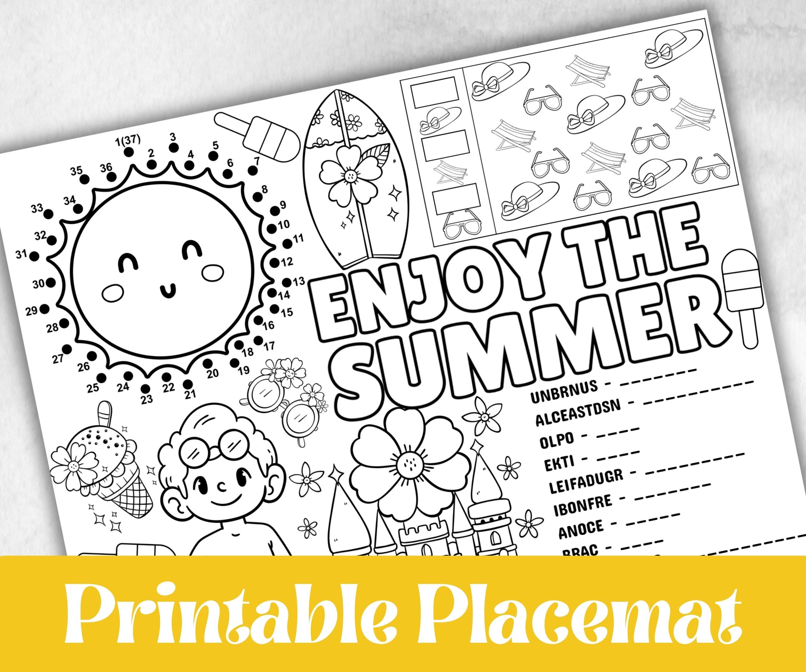Summer coloring Placemats, Printable school sheets, beach party, breakfast, Road Trips, sunday school, pool party activity bundle, dinner