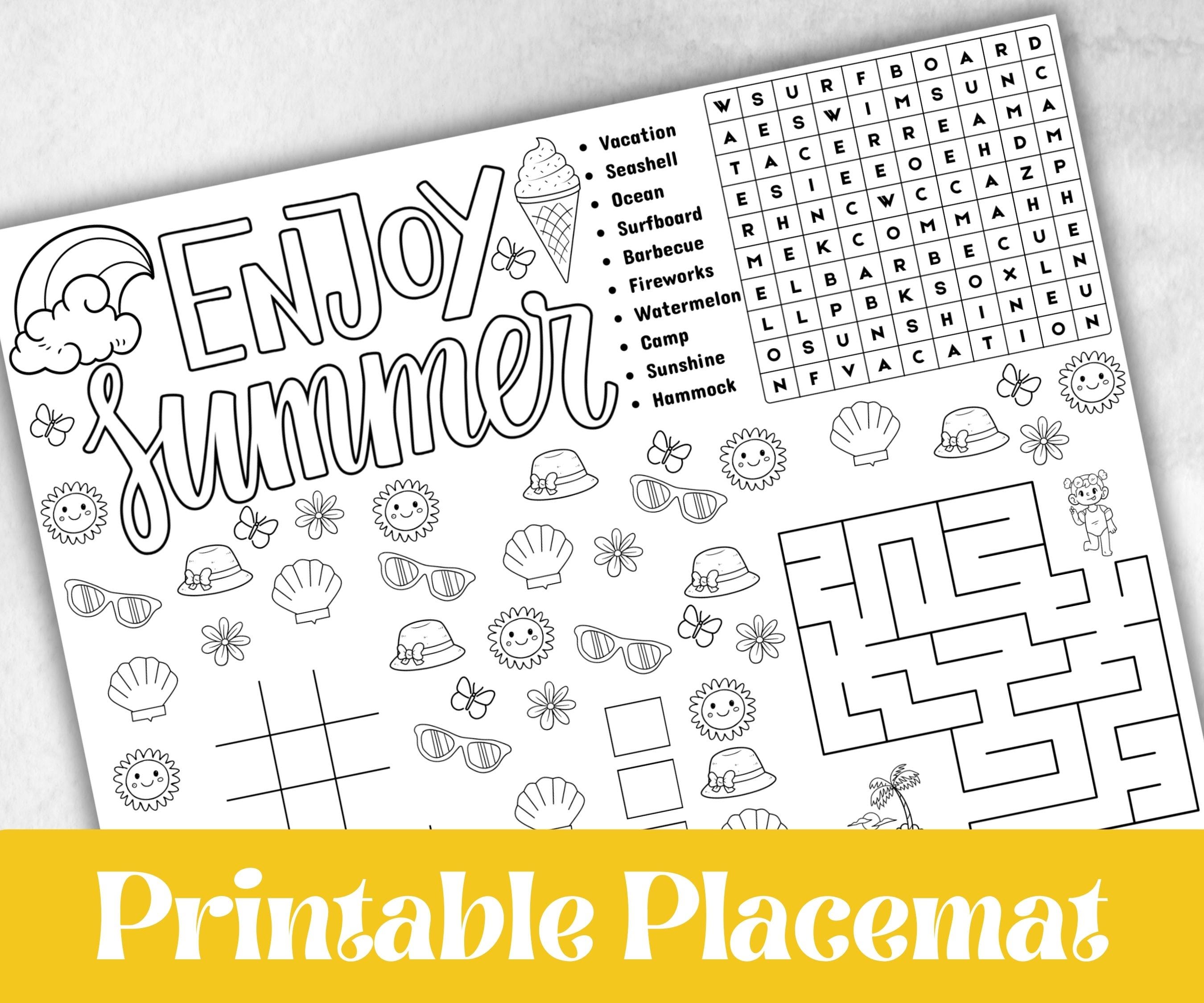 Summer coloring Placemats, Printable school sheets, beach party, breakfast, Road Trips, sunday school, pool party activity bundle, dinner