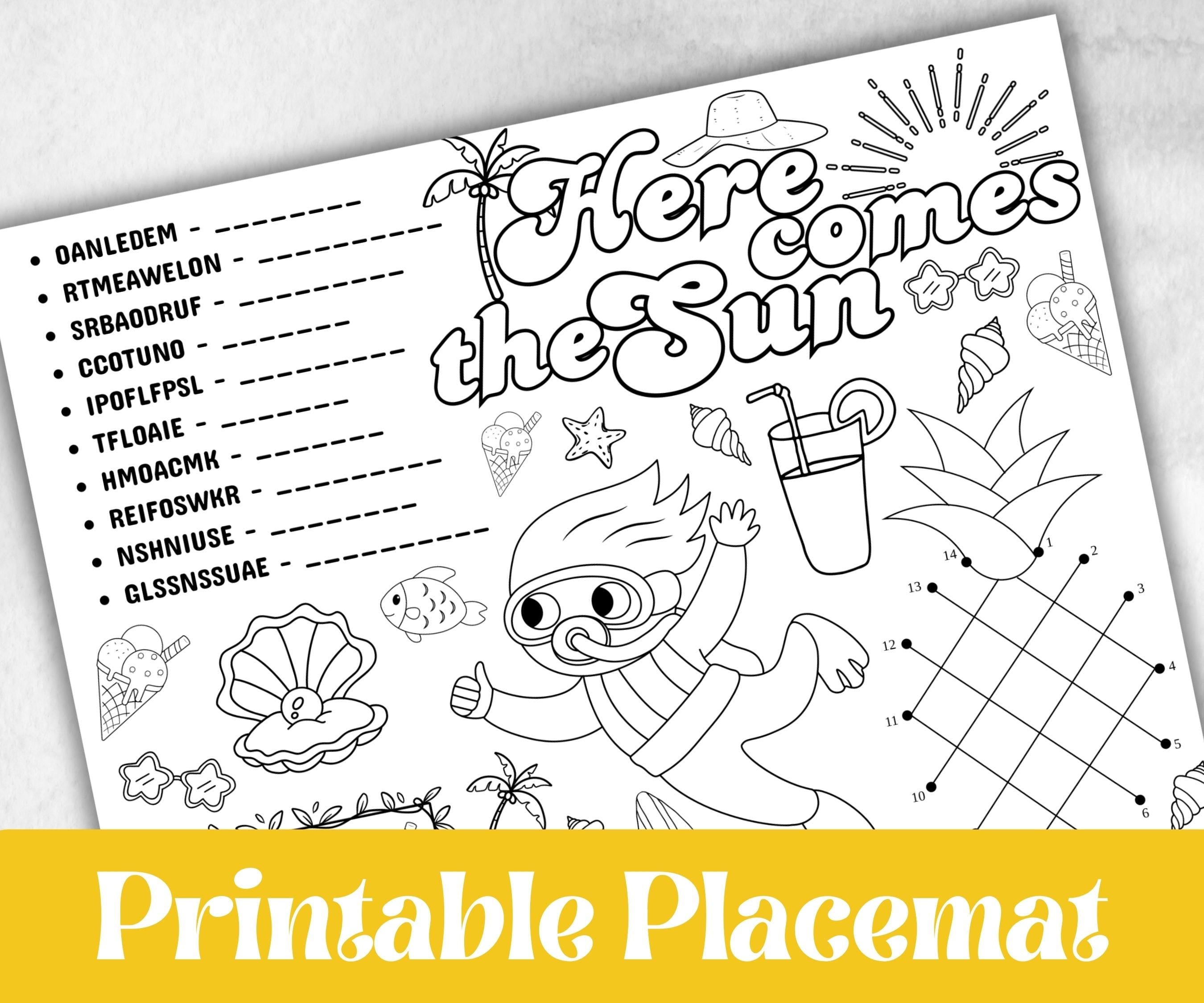 Summer coloring Placemats, Printable school sheets, beach party, breakfast, Road Trips, sunday school, pool party activity bundle, dinner