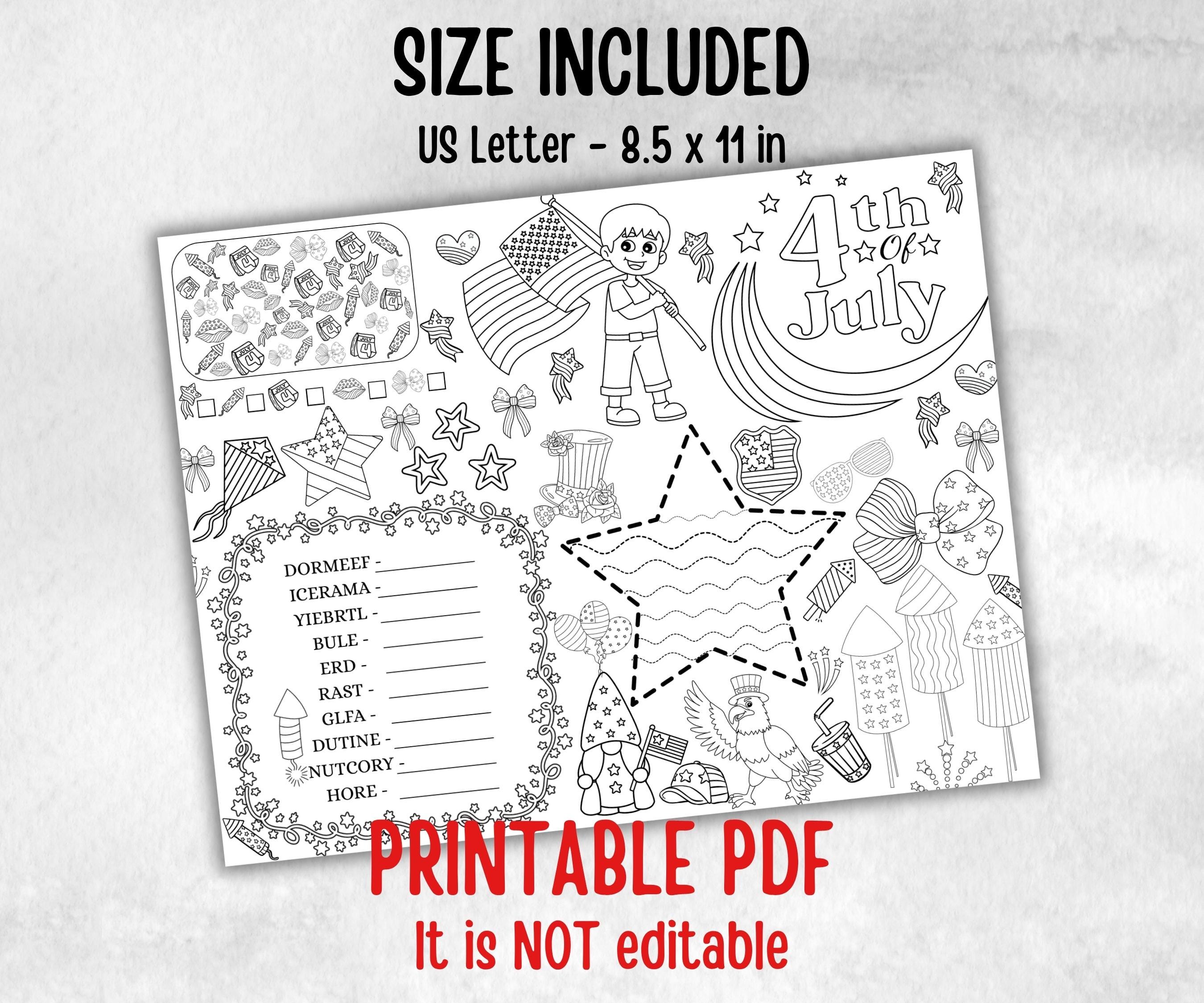 4th of July placemat, Daycare Printable, kids activity sheets, Independence Day, patriotic coloring, America, Fourth of July, Summer picnic