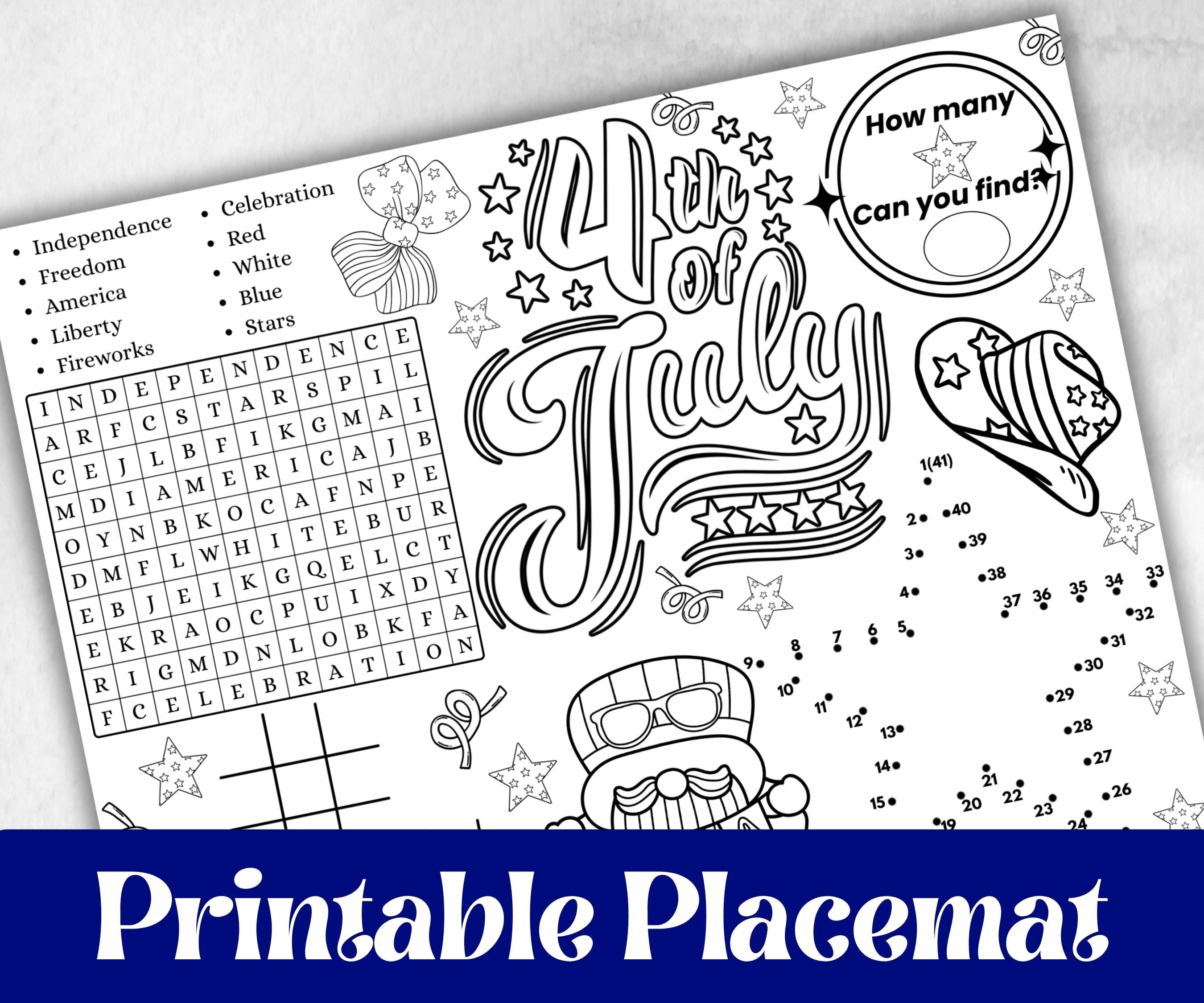4th of July placemat, Daycare Printable, kids activity sheets, Independence Day, patriotic coloring, America, Fourth of July, Summer picnic