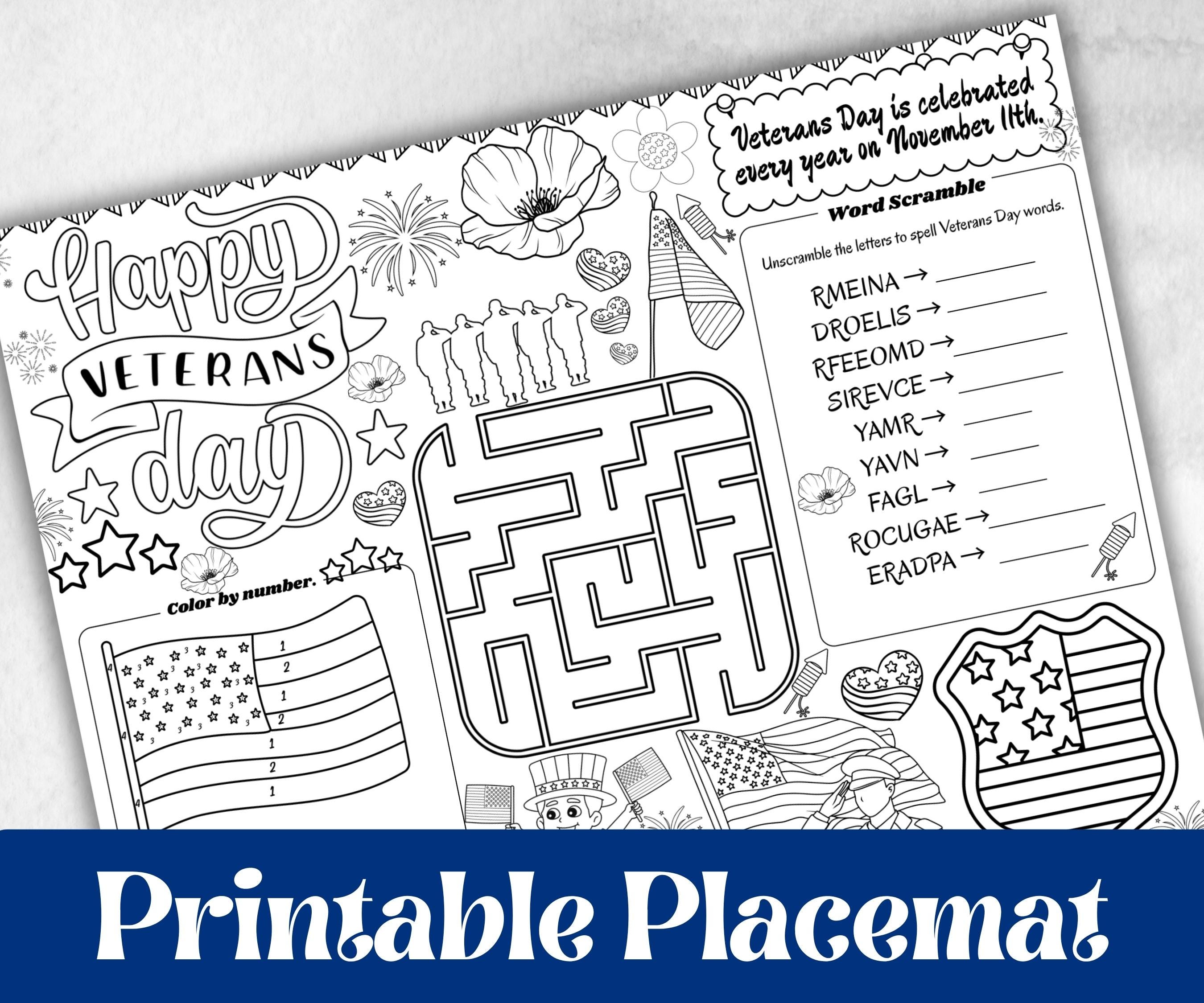 Veterans Day placemat, Daycare Printable, kids activity sheets, Memorial Day, patriotic games, America, USA, remembrance day, Military Vets