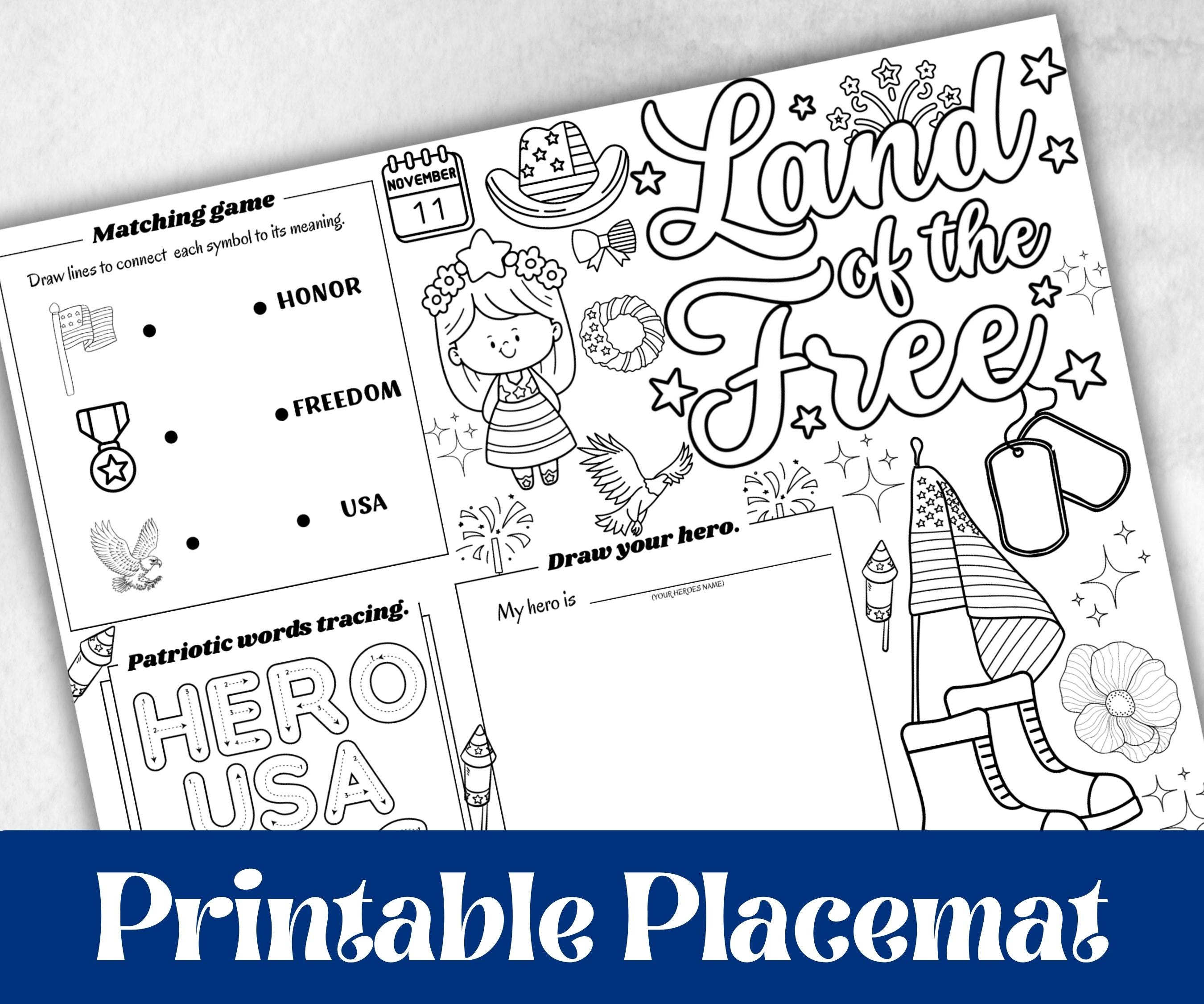 Veterans Day placemat, Daycare Printable, kids activity sheets, Memorial Day, patriotic games, America, USA, remembrance day, Military Vets