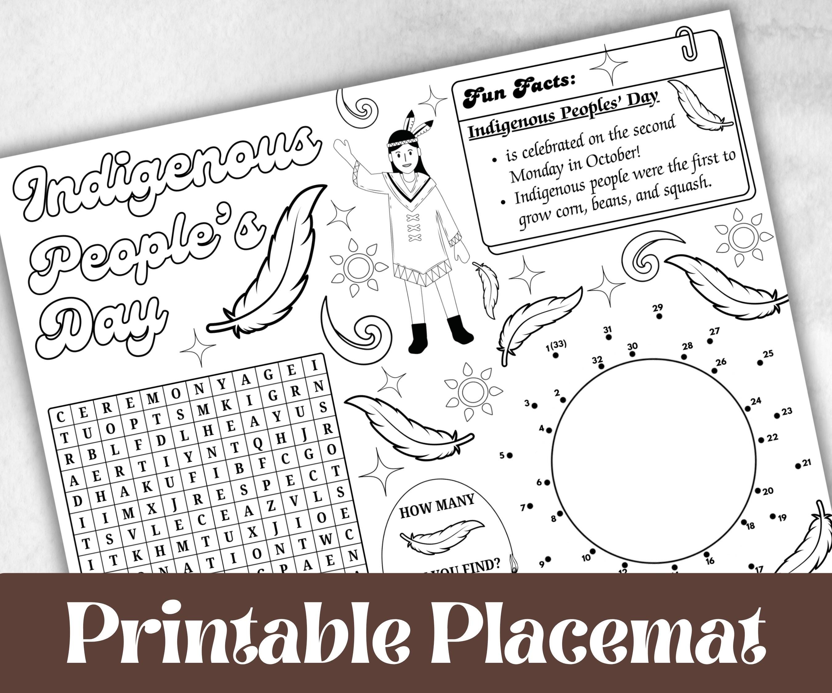 Indigenous Peoples day placemat, Daycare Printable, kids sheets, Columbus Day, Native American, cultural heritage learning, history themed