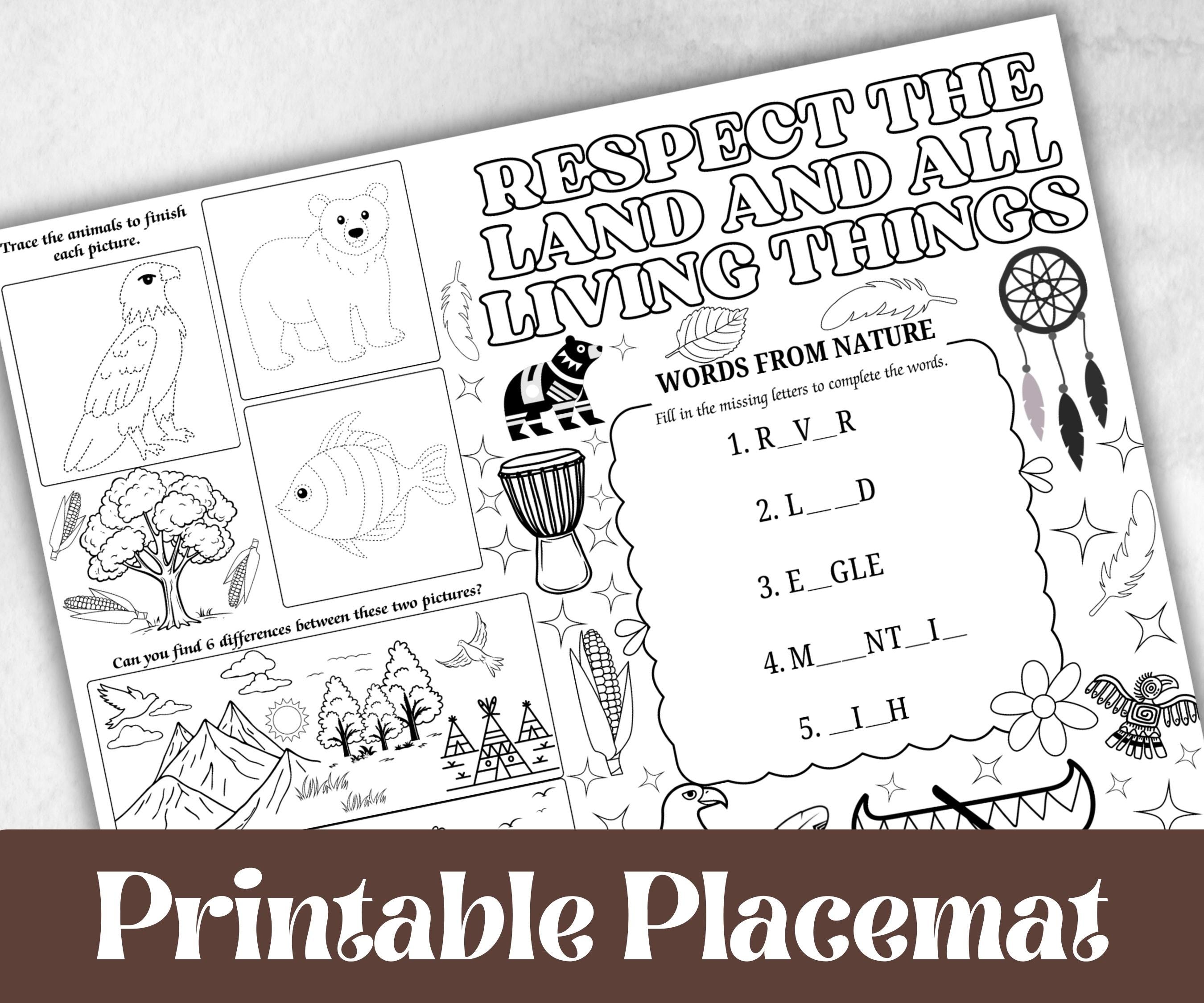 Indigenous Peoples day placemat, Daycare Printable, kids sheets, Columbus Day, Native American, cultural heritage learning, history themed