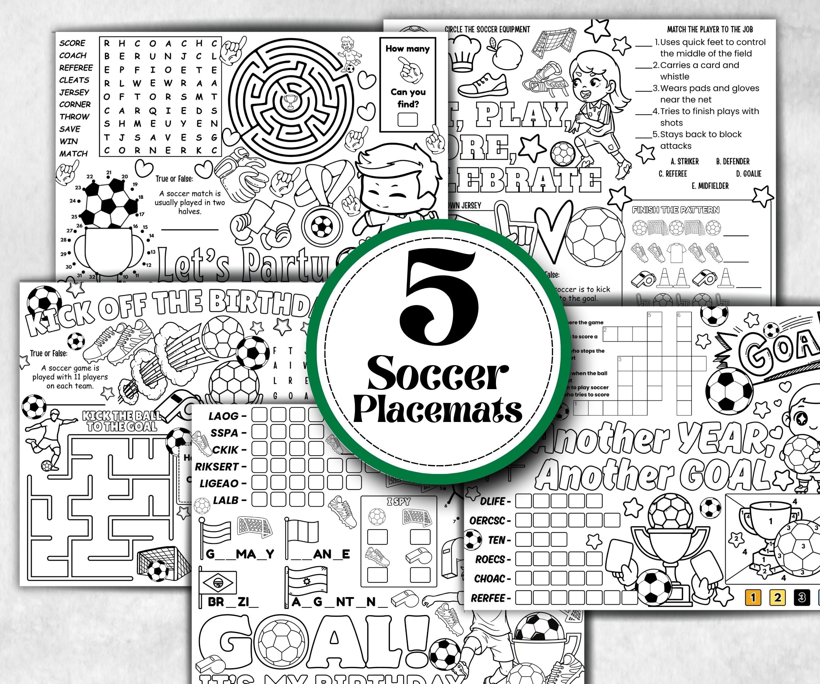 Soccer placemat placemat, Daycare Printable, kids sheets, Birthday coloring Sheet, Boy Girl Bday favor, Football themed, sports, world cup