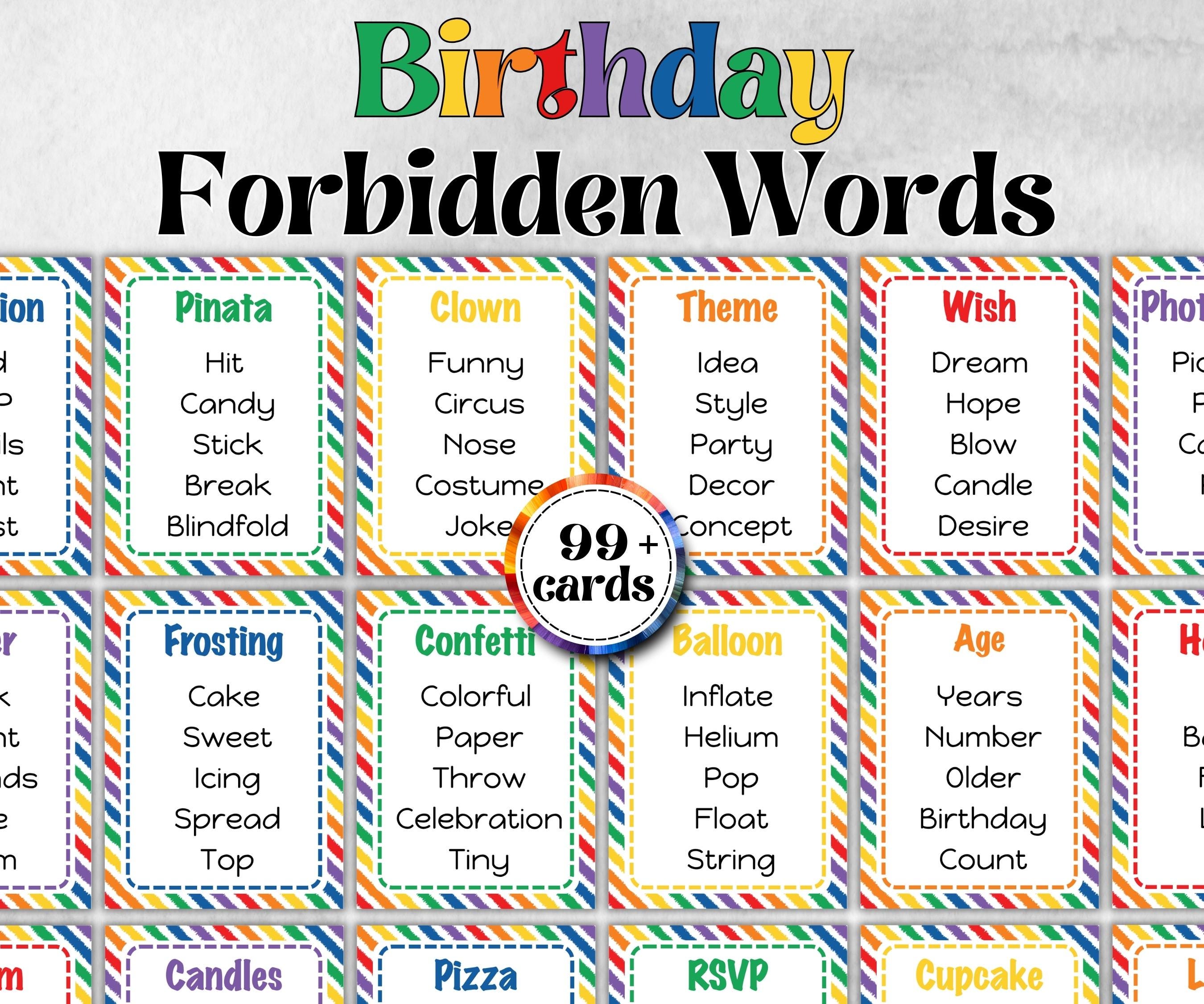 Birthday Forbidden Words, Boy Girl Birthday activity, Ice breaker trivia, Themed Party, Office Teambuilding, Coworker Celebration, Word Ban