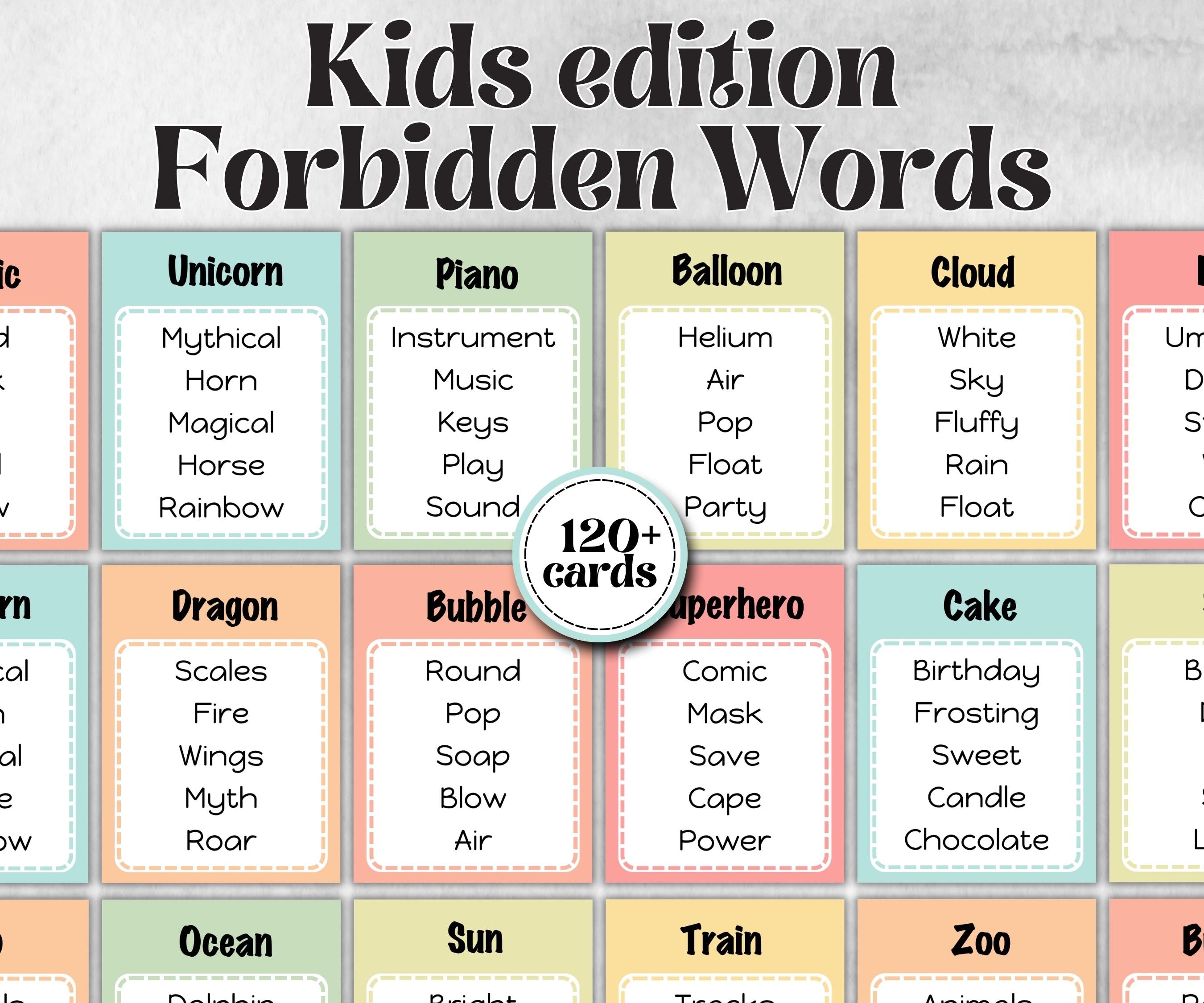 Kids Edition Forbidden Words, Boy Girl Birthday activity, Kindergarten esl activity kids, Word Ban, Daycare, Homeschool Activity, vocabulary
