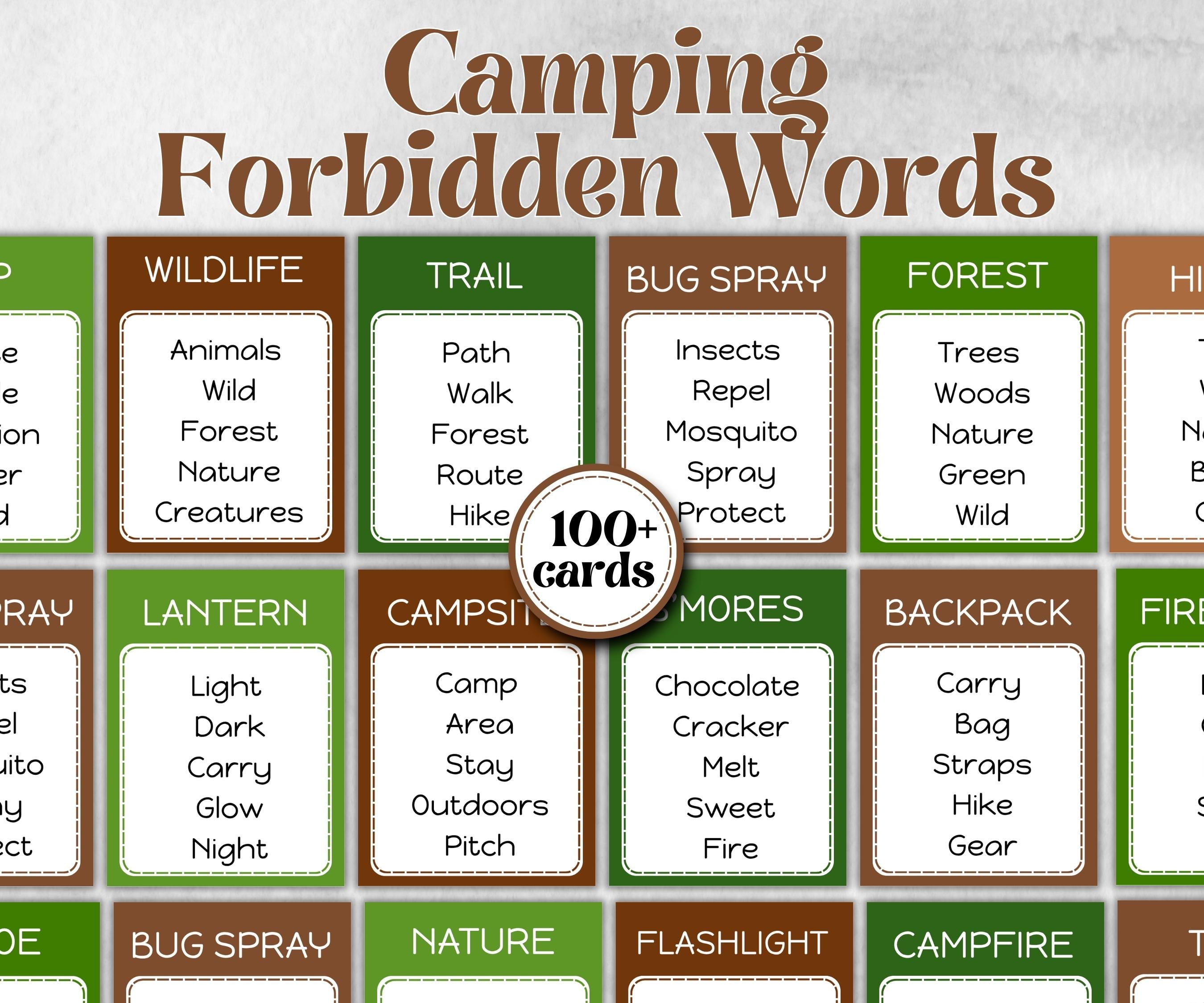 Summer Camp Forbidden Words, Dont say It, Icebreaker, Interactive Printable Trivia Game, Campfire, Family Reunion, end of school camp, yard