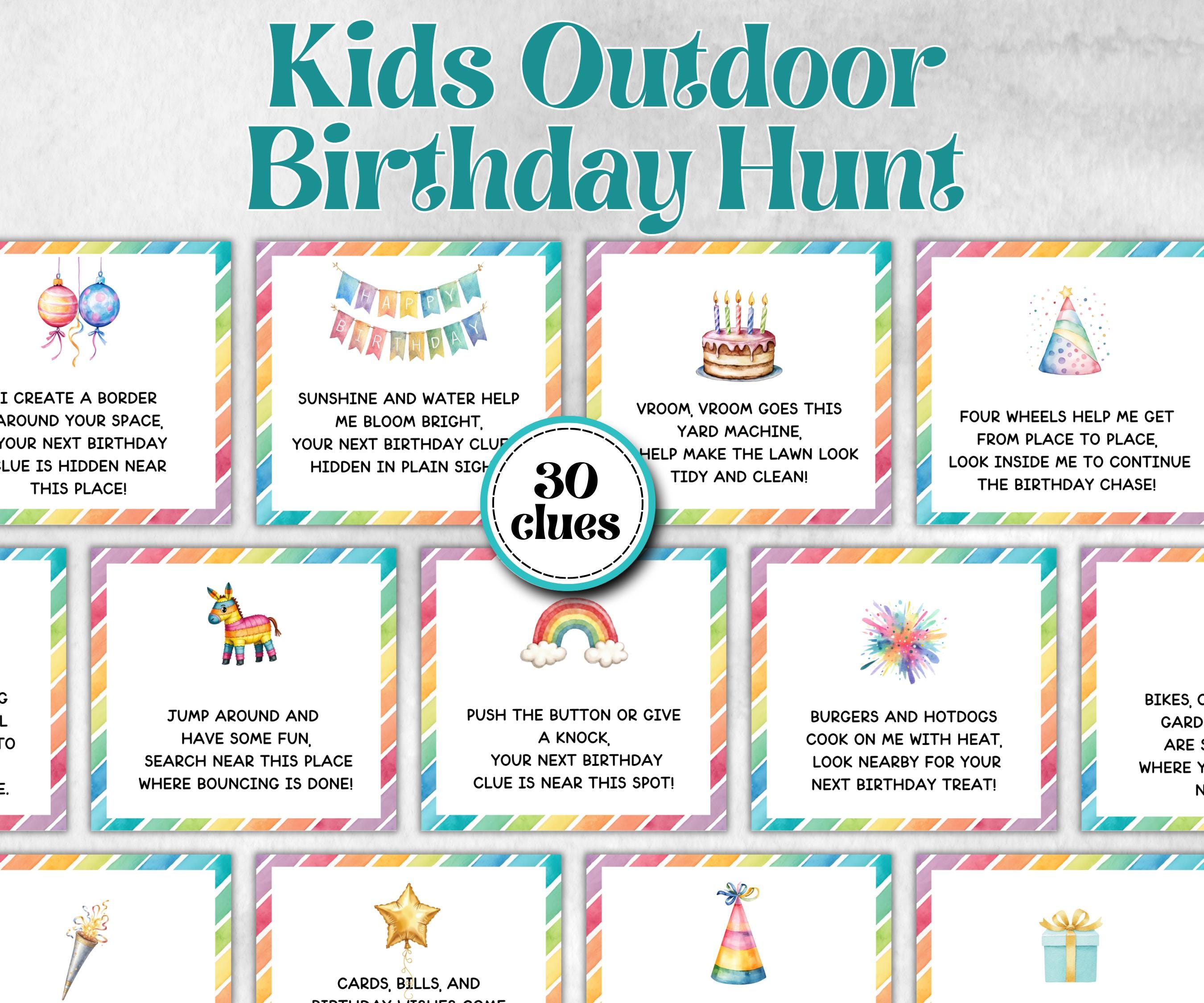 Kids Outdoor Birthday Scavenger Hunt for kids, Boy Girl Birthday, game for older kid, milestone birthday gift, tricky treasure hunt, 30 clue