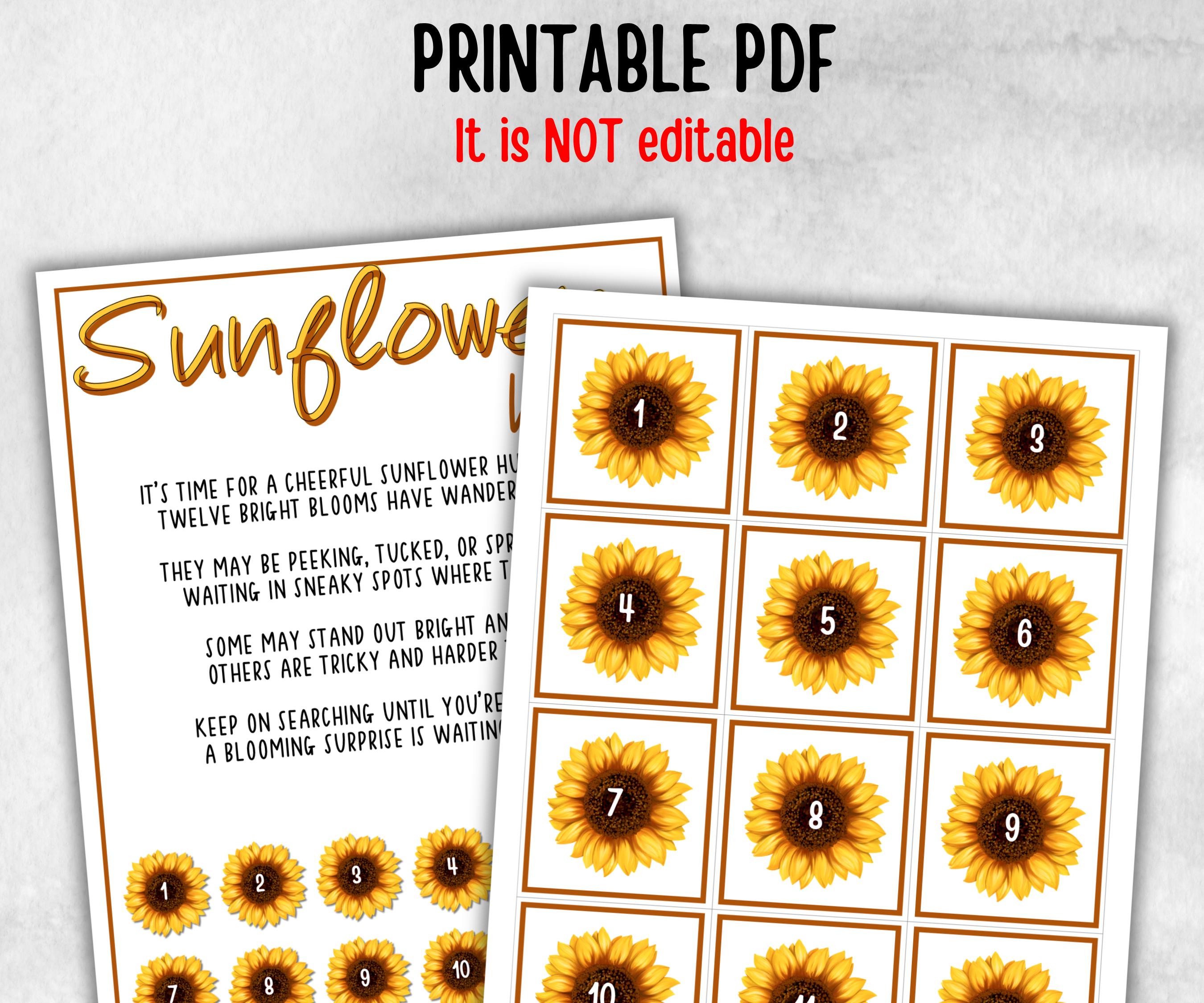 Sunflower Scavenger Hunt for kids, backyard hunt, Floral themed shower, birthday, tea party, spring yard games, garden party icebreaker idea