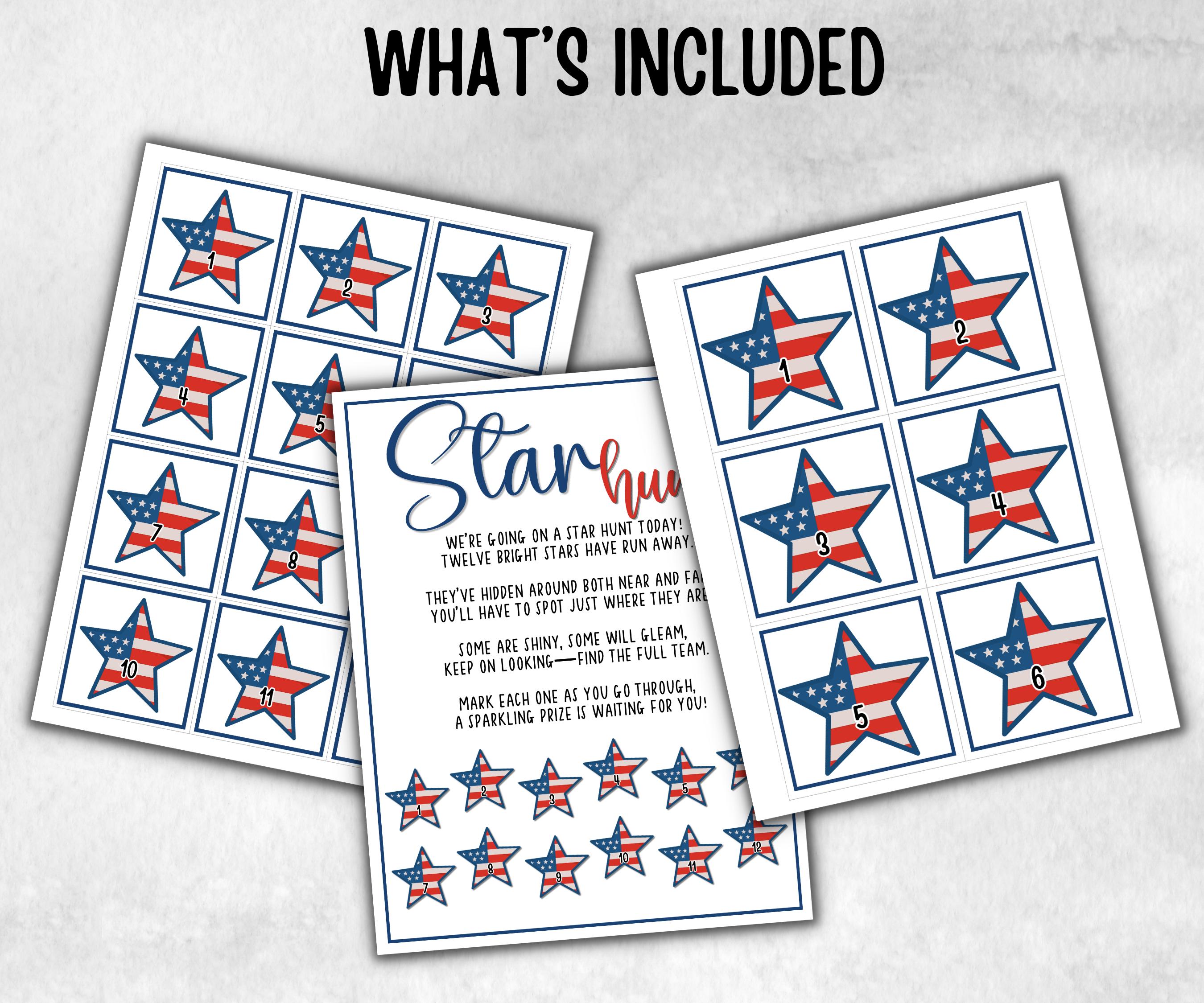 Independence Day Star Hunt for kids, Summer Barbeque reunion, backyard yard hunt, 4th of july, school patriotic game, Stars Stripes school