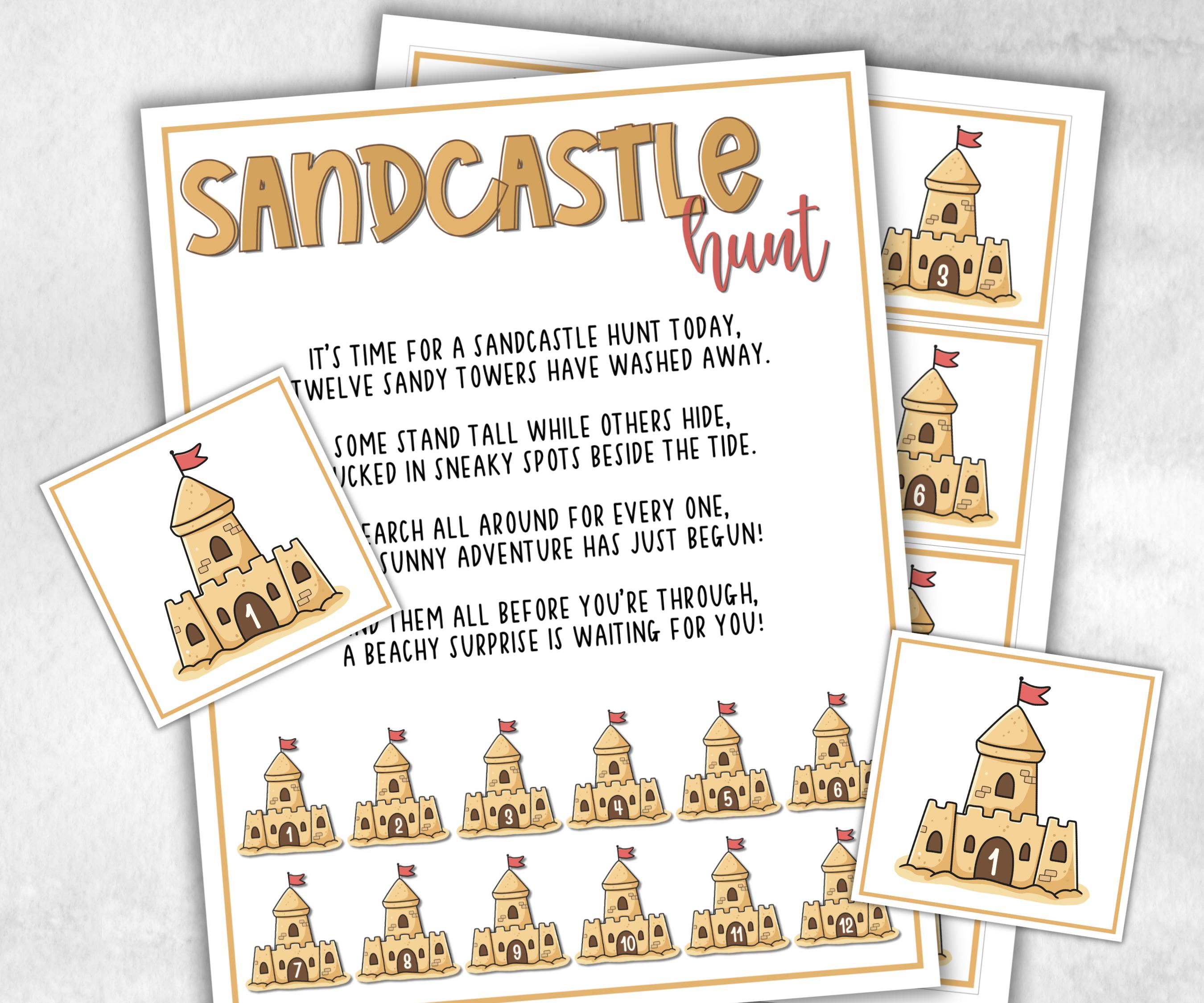 Sandcastle Scavenger Hunt for kids, backyard hunt, themed birthday, tea party, spring yard games, icebreaker idea, Beach Pool Party activity