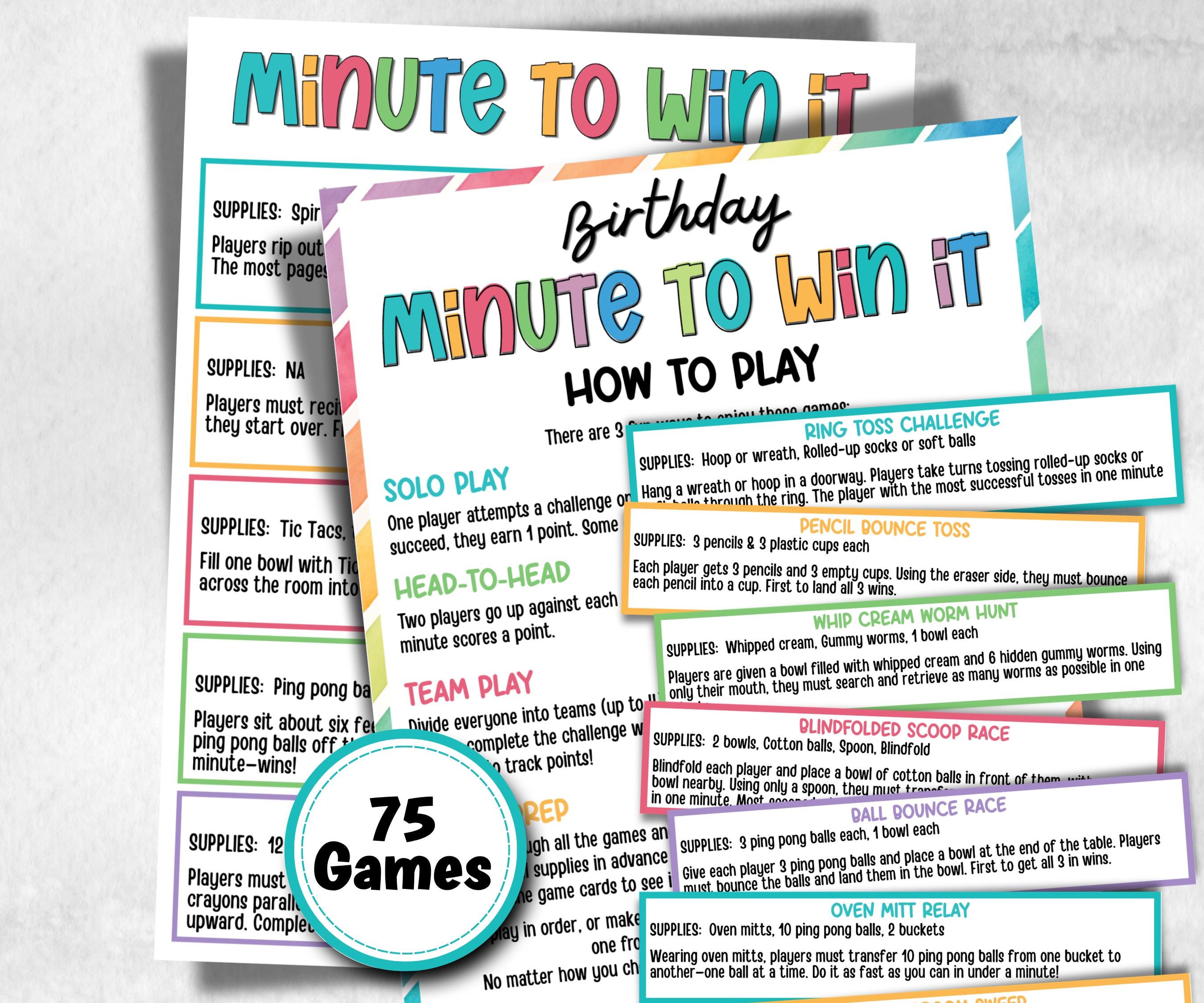 Birthday Minute to Win It, older kids activity, Boy Girl Birthday, milestone birthday gift, preteen at home game, spring yard game, reunion