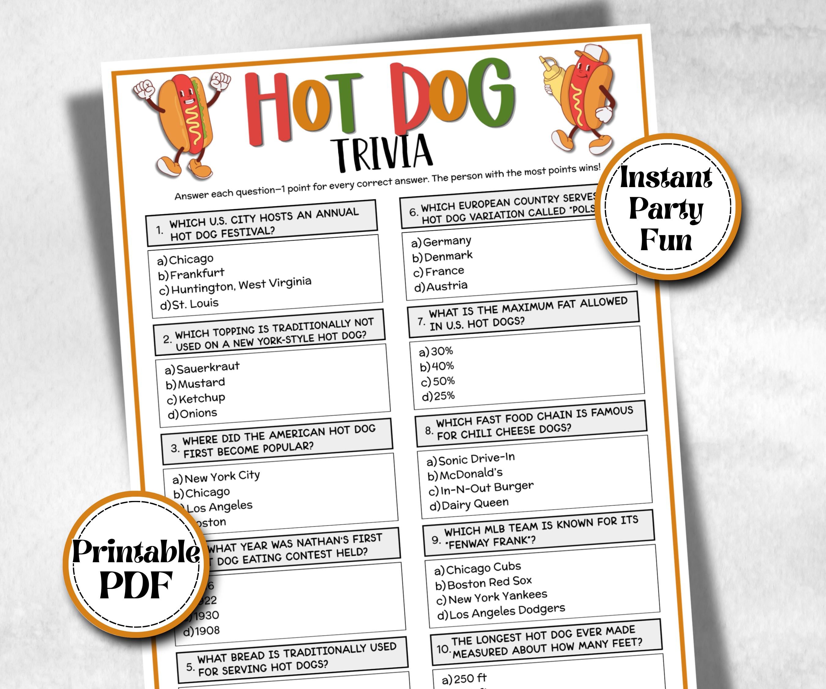 Hot Dog Trivia, Summer Birthday, Summer Camp Games, church mix and mingle, summer BBQ, family reunion party, printable backyard game