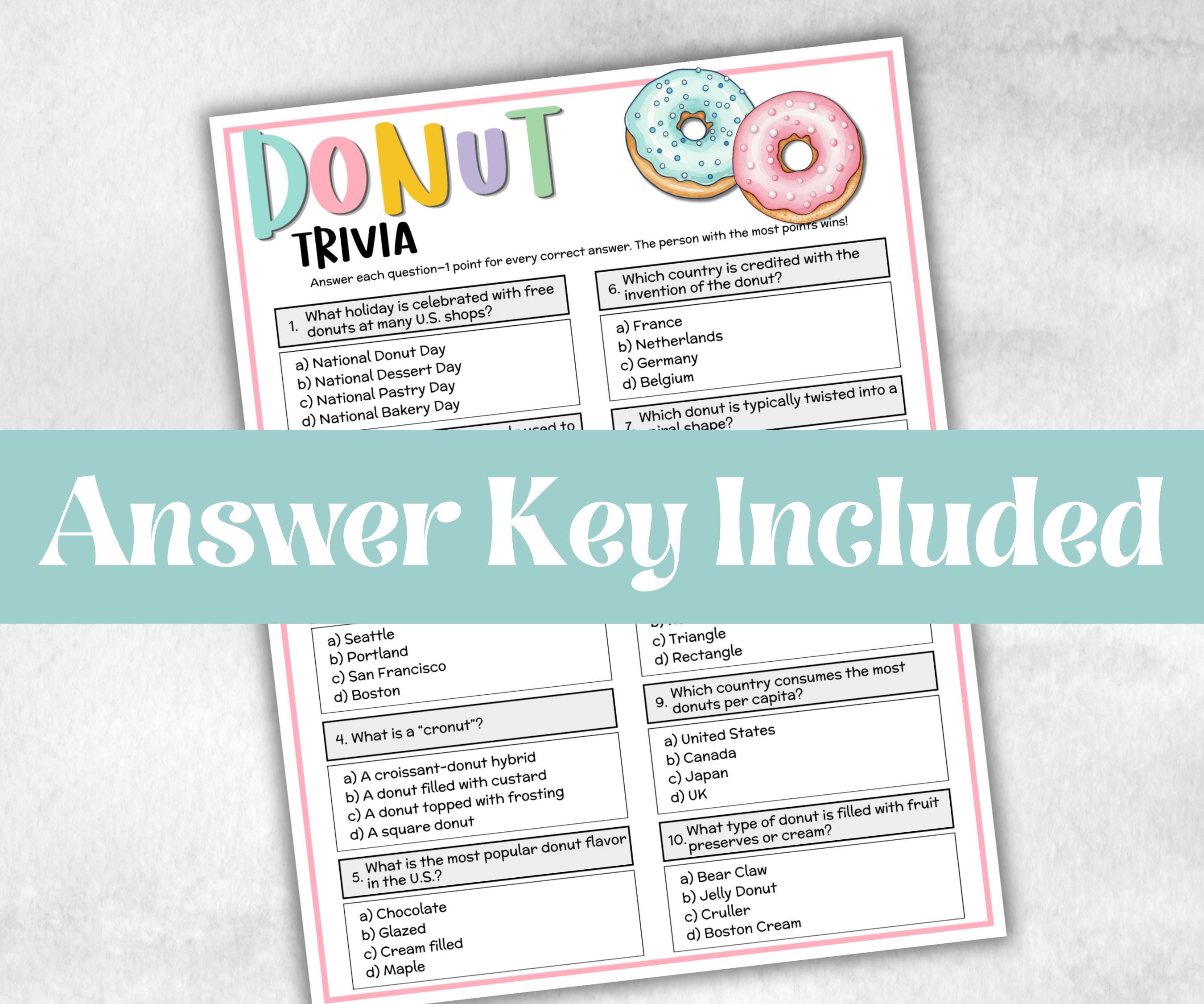 Donut Trivia, Sweet and treats, printable spring yard puzzle, garden tea party, Doughnut Bar, office event, pancake, Brunch Party Ideas