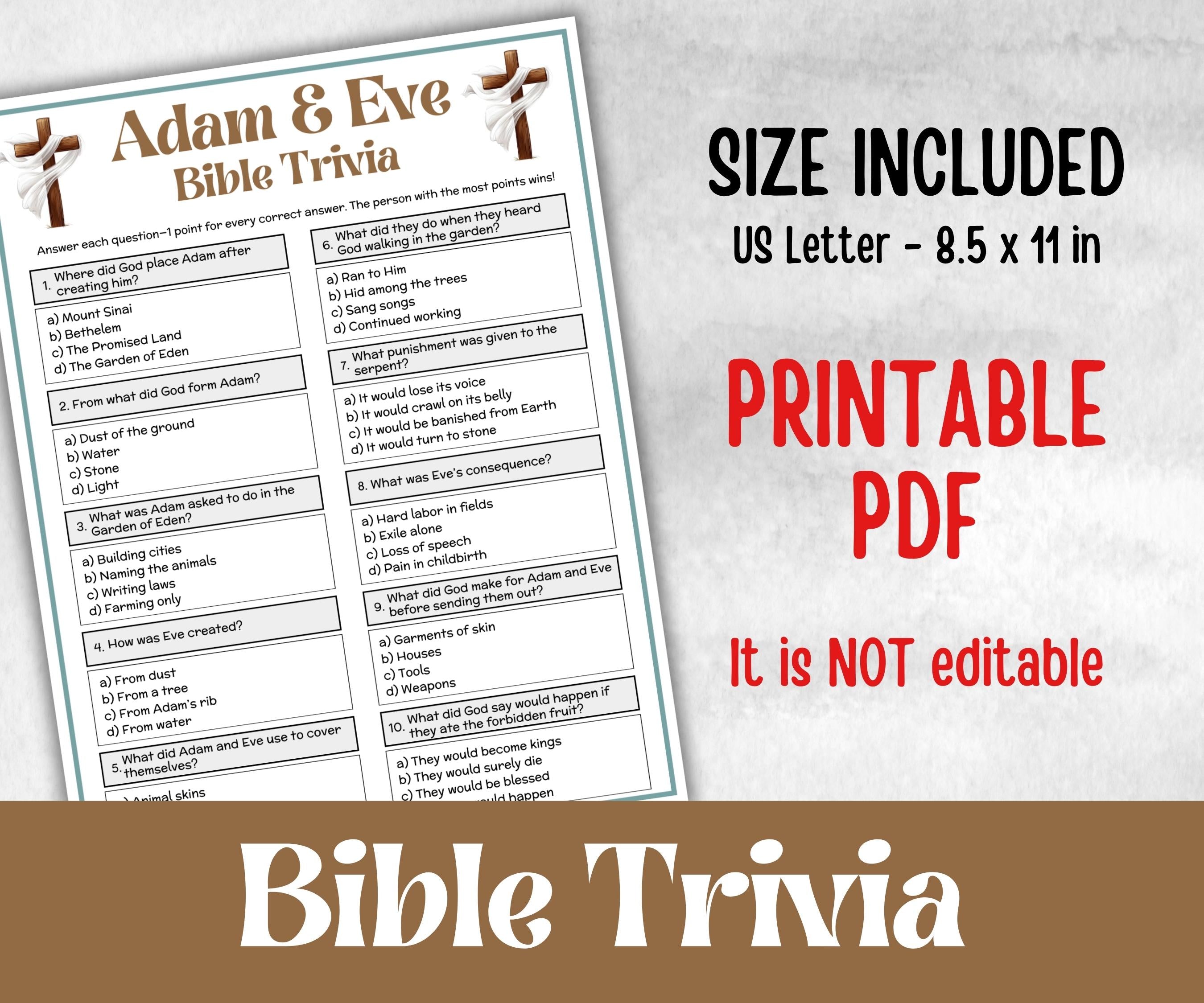 Adam and Eve Trivia, Bible Camp, Bible Study riddles, Holiday Party Games, womens retreat group party, Old Testament Trivia, Youth Group
