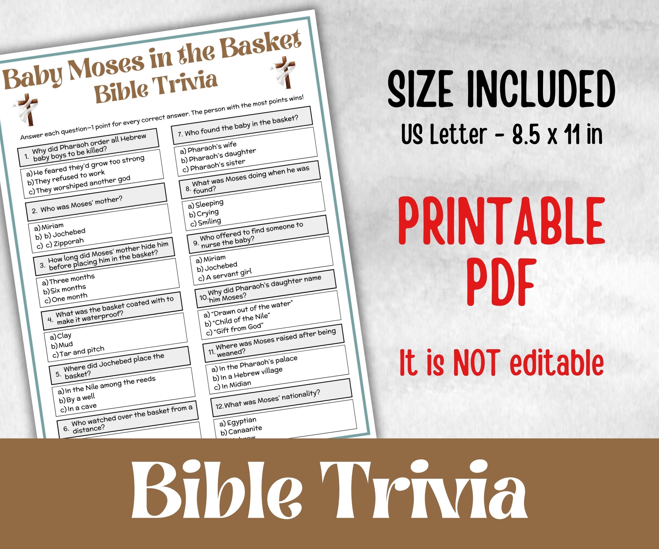 Baby Moses in the Basket Trivia, Bible Camp, Bible Study riddles, Holiday Party Games, womens retreat group party, Old Testament Trivia