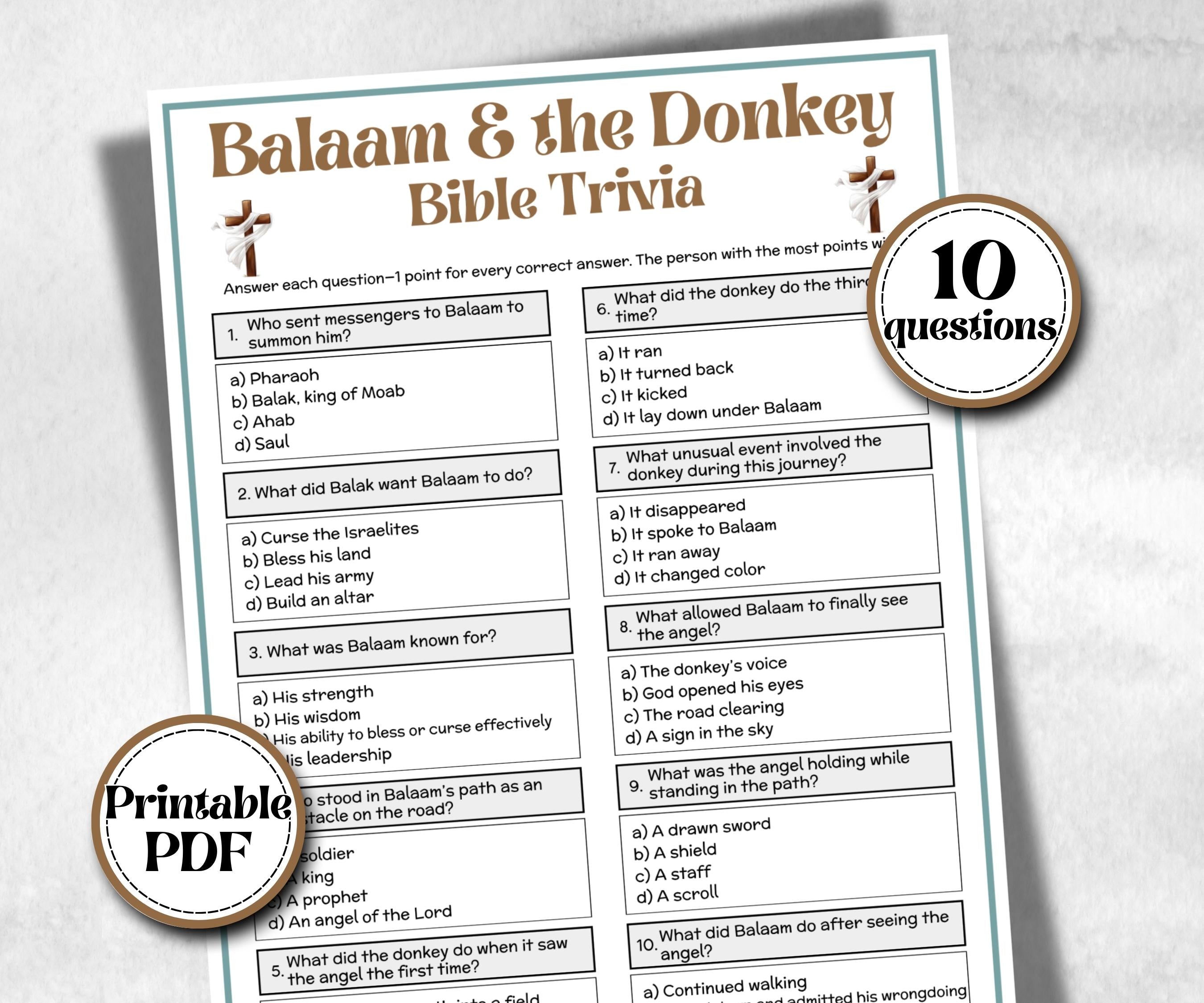 Balaam and the Donkey Trivia, Bible Camp, Bible Study riddles, Holiday Party Games, womens retreat group party, Old Testament Trivia, lesson