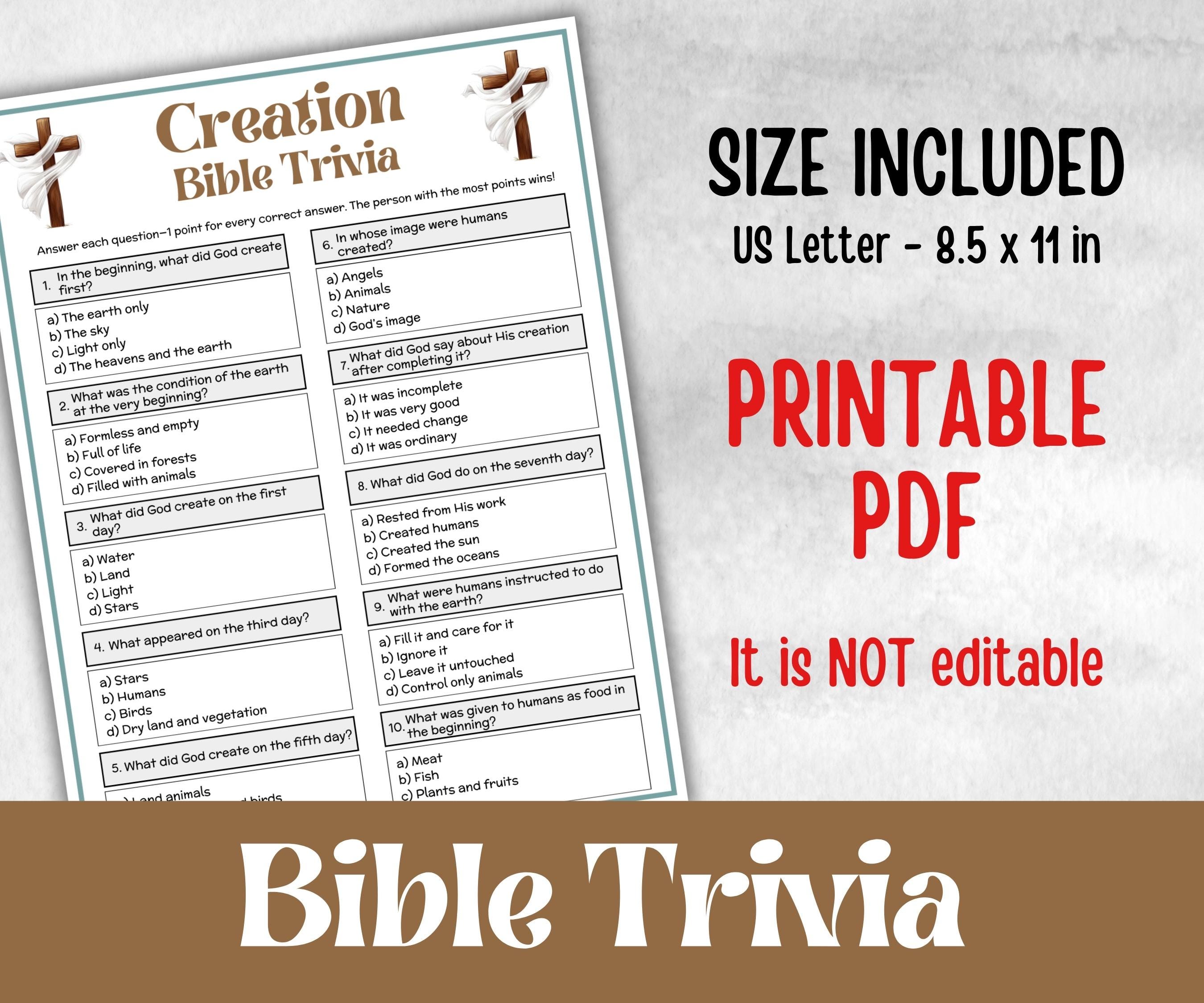 Creation Trivia, Bible Camp, Bible Study riddles, Holiday Party Game, womens retreat group party, Old Testament Trivia, Biblical Youth Group