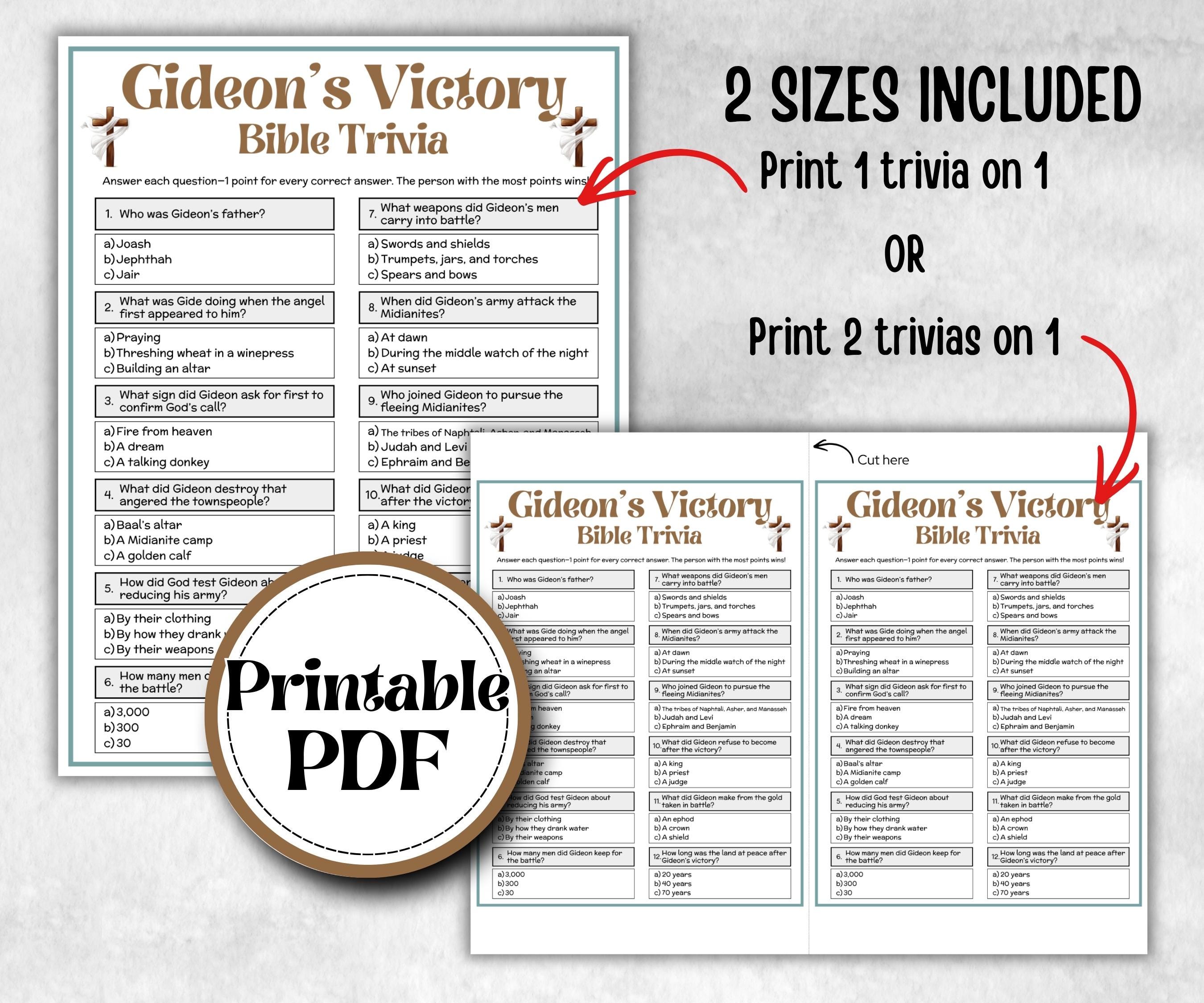 Gideon's Vivtory Trivia, Holiday Party, Old Testament Trivia, Church Lesson, Bible Study riddle, Bible Camp, womens retreat group