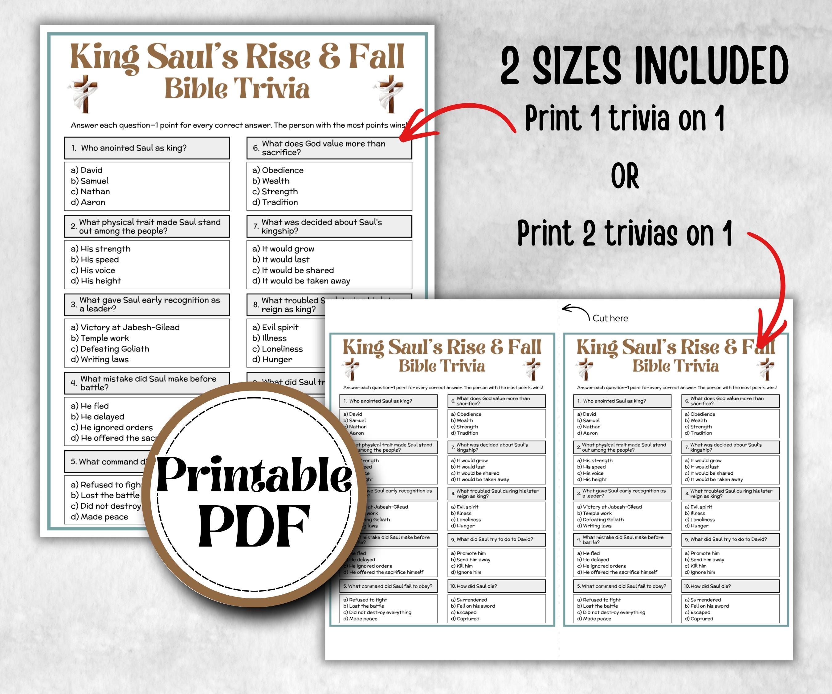 King Sauls Rise and Fall Trivia, Holiday Party, Old Testament Trivia, Church Lesson, Bible Study riddle, Bible Camp, womens retreat group