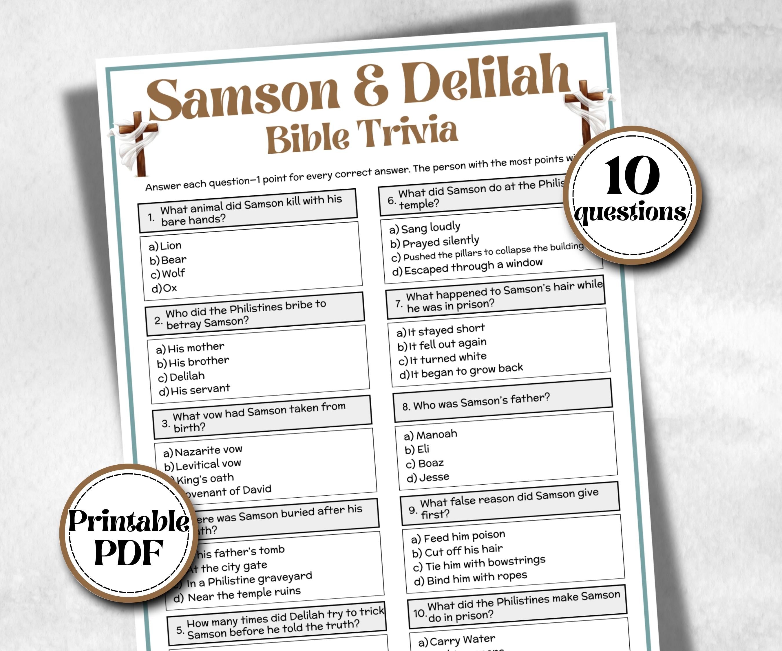 Samson and Delilah Trivia, Bible Study riddles, Old Testament Trivia, Church Lesson, Holiday Party Games, Bible Camp, womens retreat, Youth