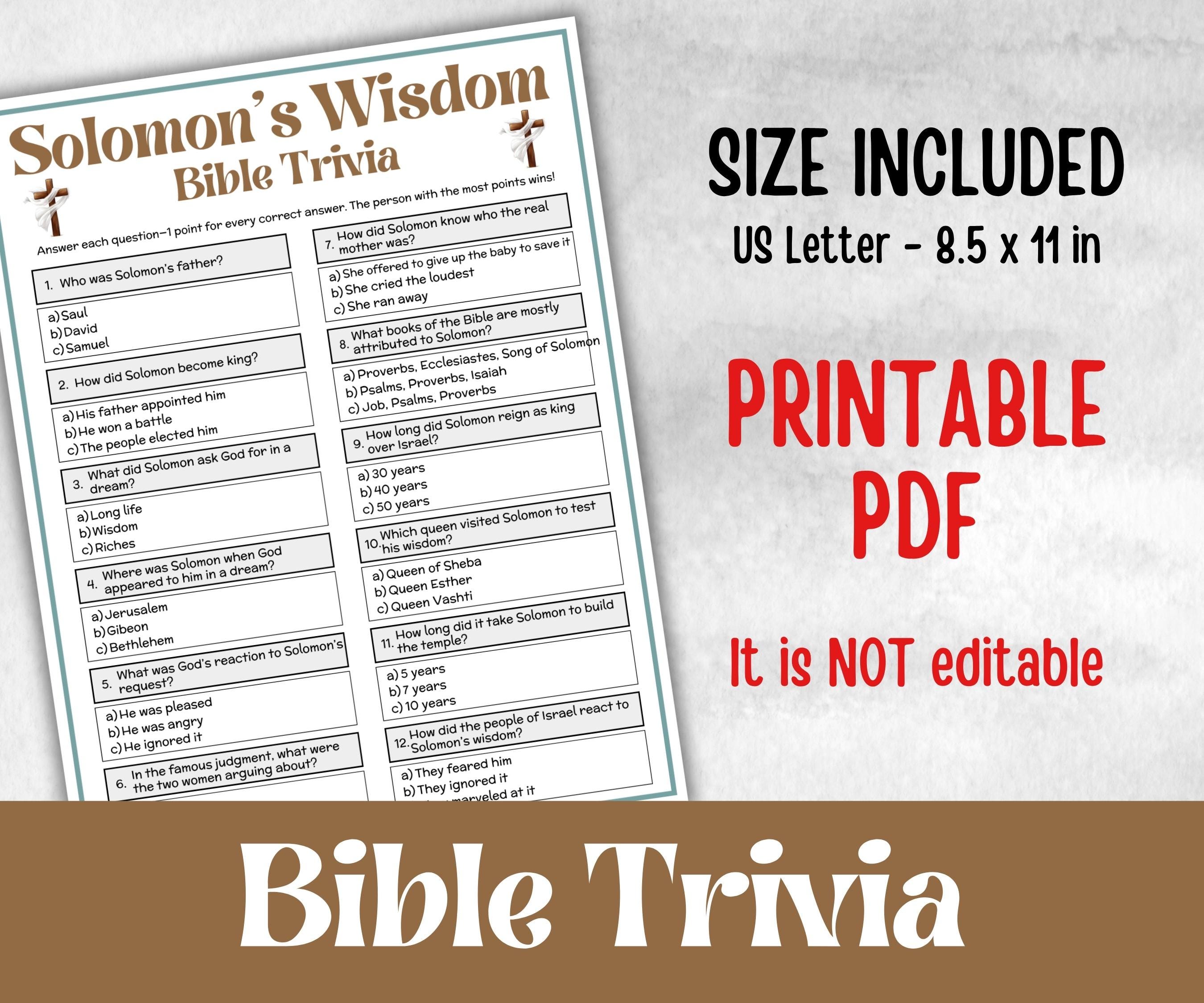 Solomon's Wisdom Trivia, Bible Study riddles, Old Testament Trivia, Church Lesson, Holiday Party Games, Bible Camp, womens retreat, luncheon