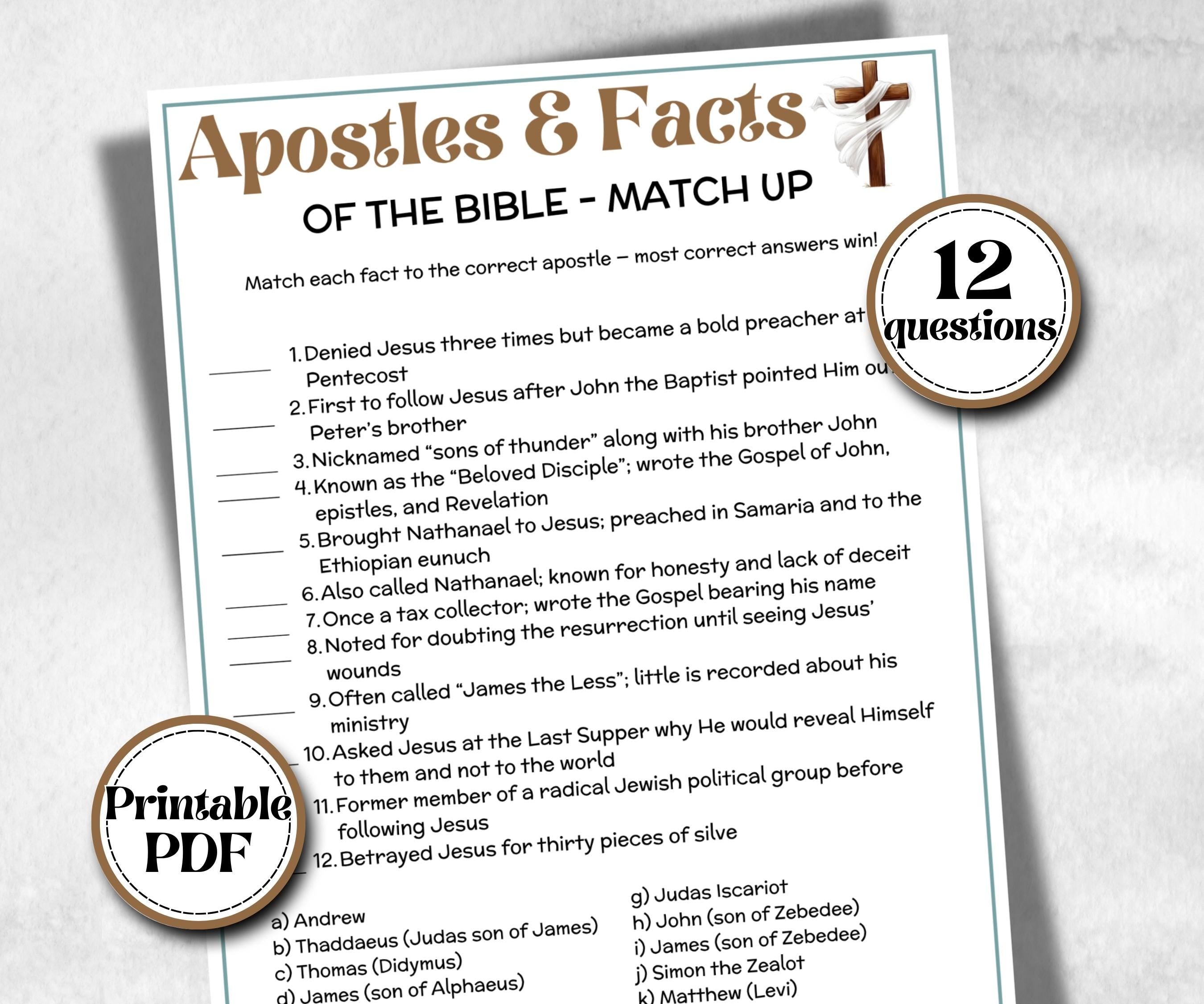 Apostles and Facts Trivia, Sunday School, Bible Study riddles, Holiday Party Games, Bible Camp, womens retreat group, preschool curriculum
