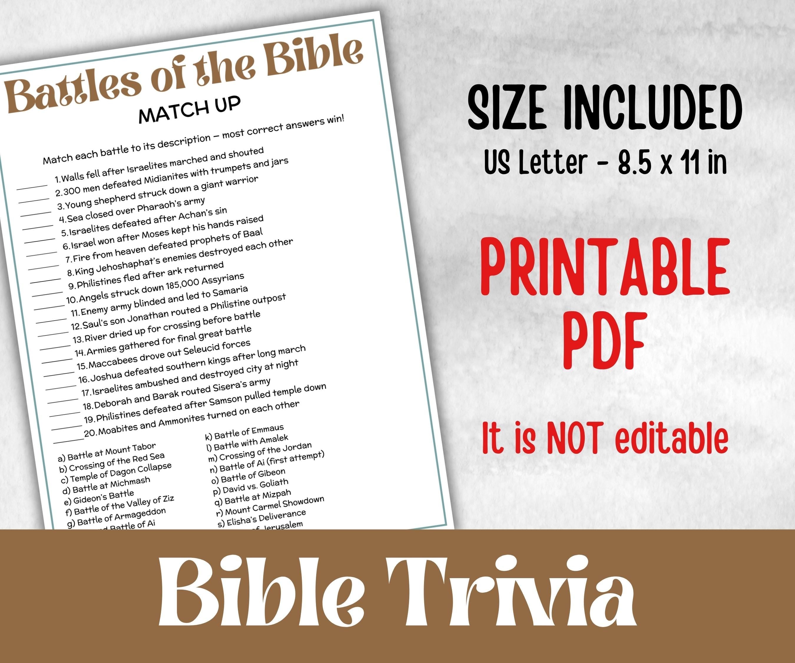Battles of the Bible Trivia, Sunday School, Bible Study riddles, Holiday Party Games, Bible Camp, womens retreat group, preschool curriculum