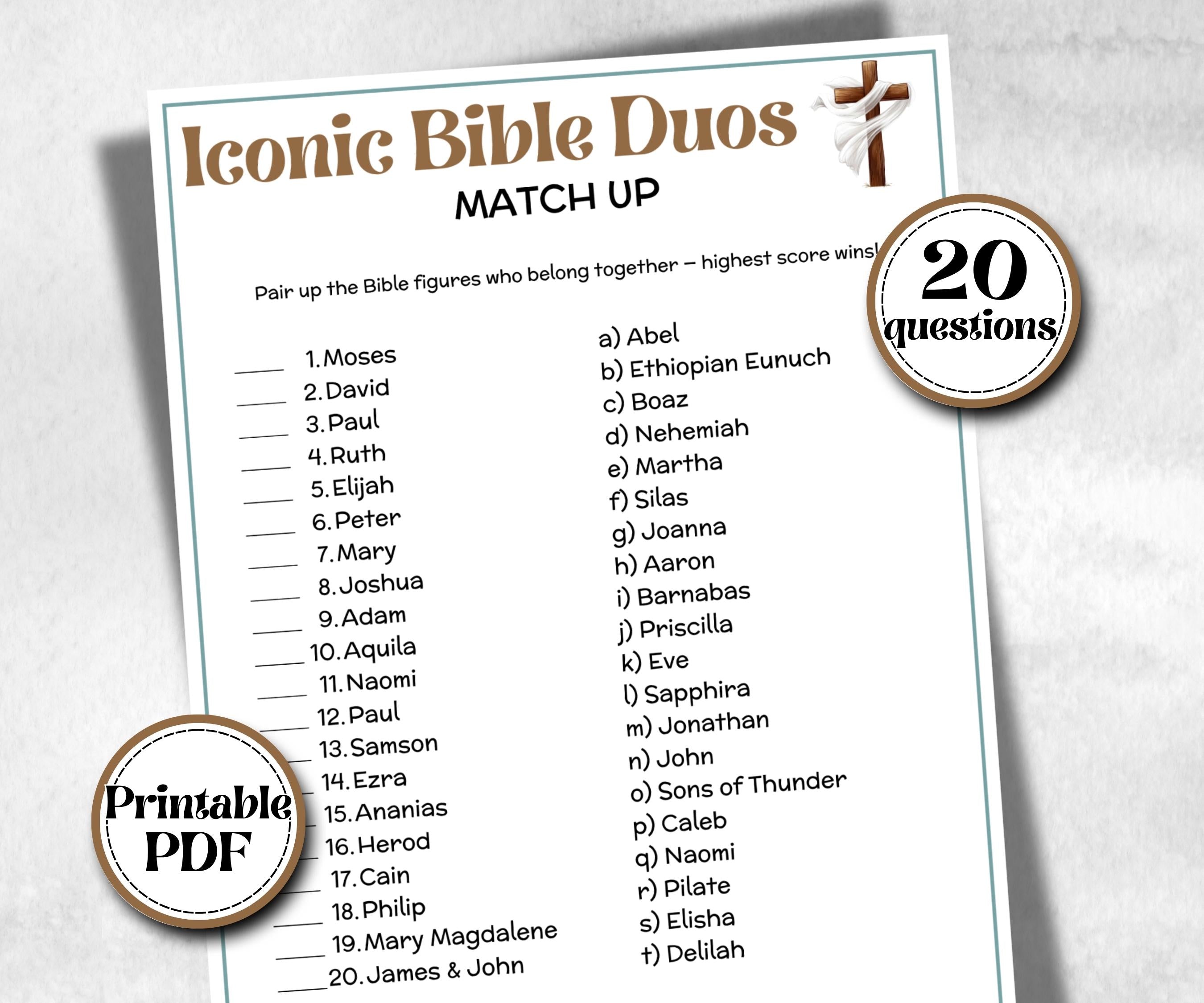 Iconic Bible Duos Trivia, Sunday School, Bible Study riddles, Holiday Party Games, Bible Camp, womens retreat group, preschool curriculum